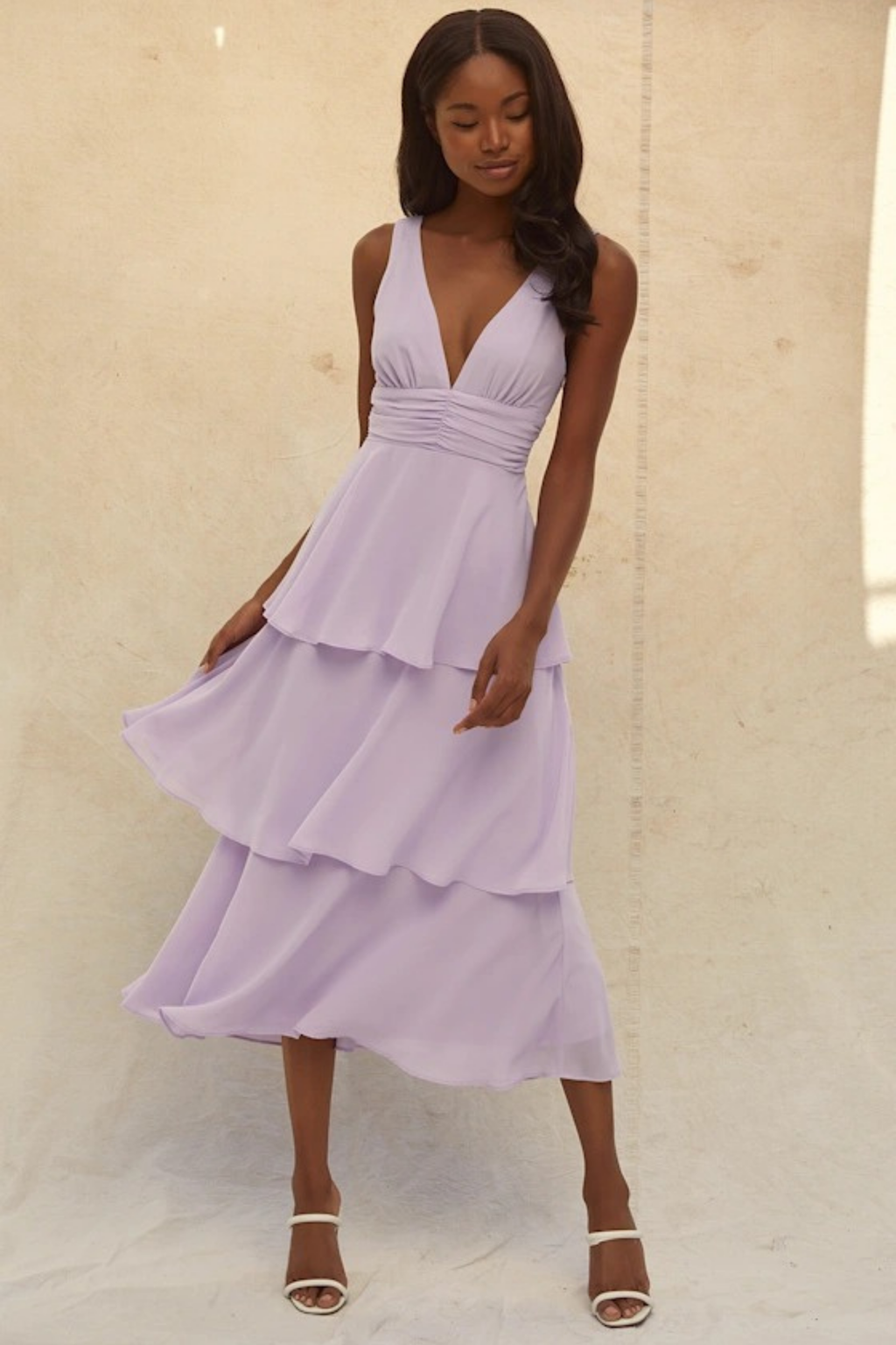 Tiered Midi Cocktail Dress Deep V Neck Flowy Elegant Summer Style