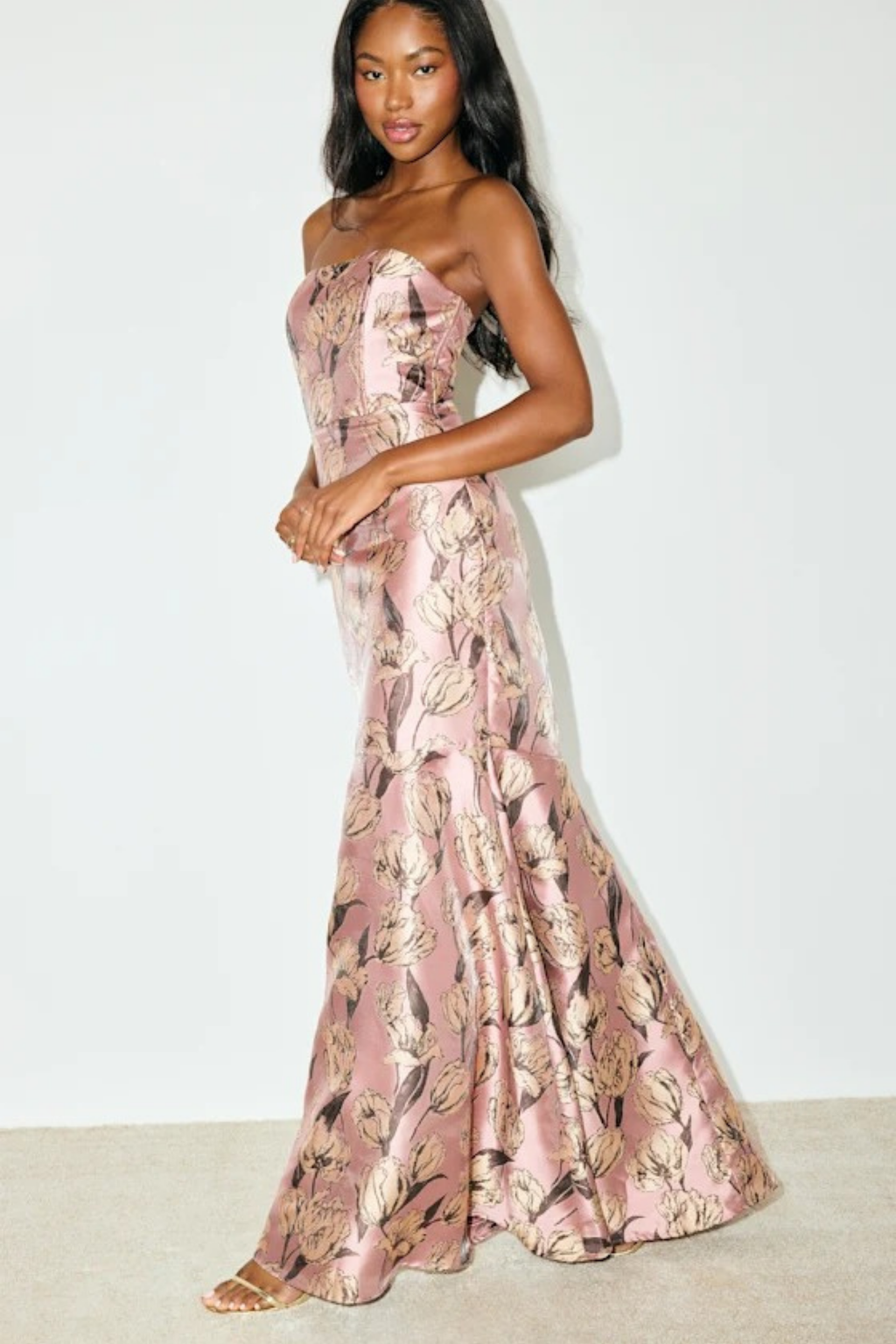 Strapless Floral Maxi Wedding Guest Dress Mermaid Fit Elegant Style