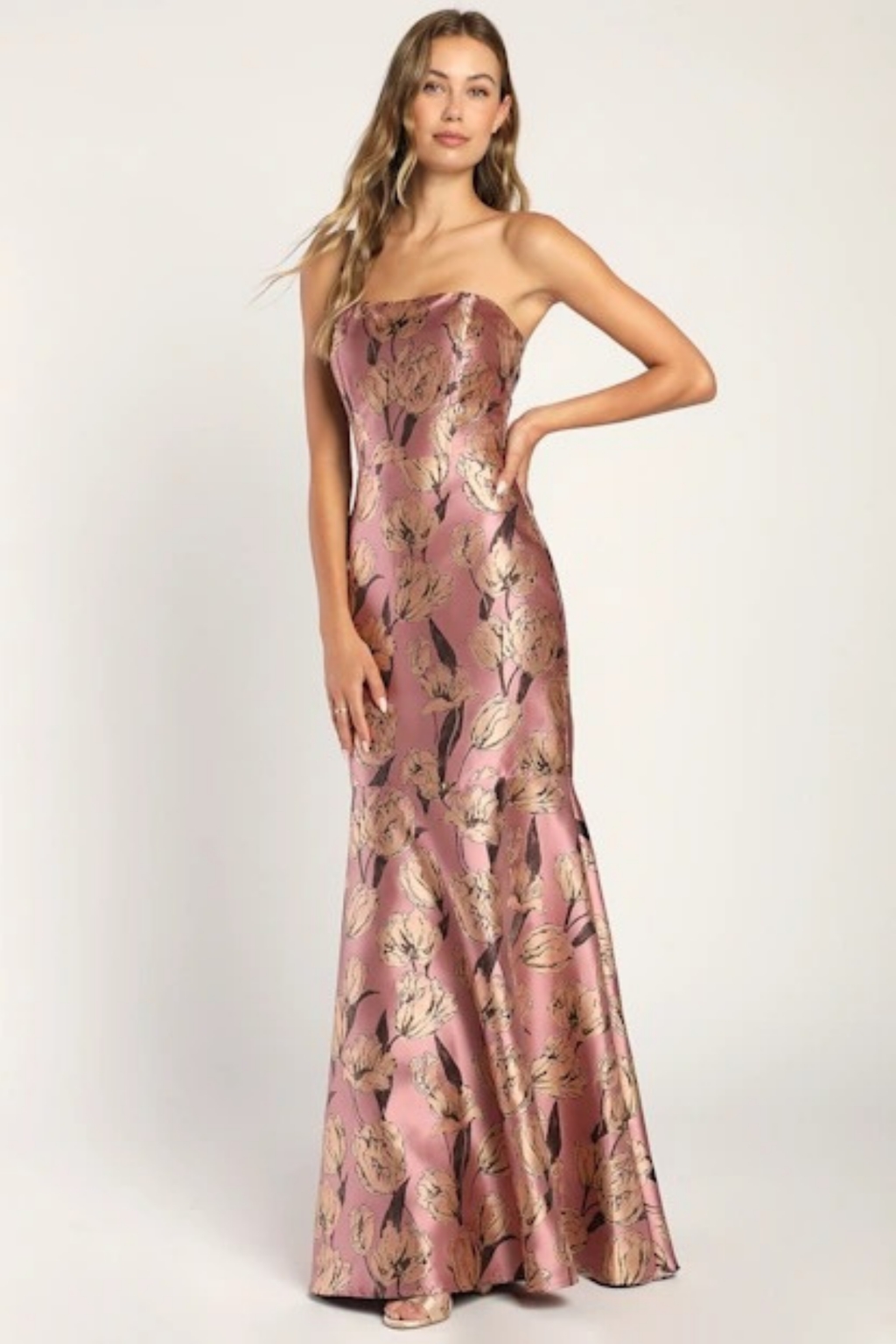 Strapless Floral Maxi Wedding Guest Dress Mermaid Fit Elegant Style