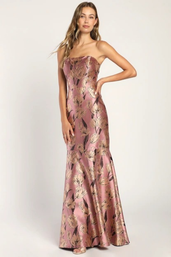 Strapless Floral Maxi Wedding Guest Dress Mermaid Fit Elegant Style