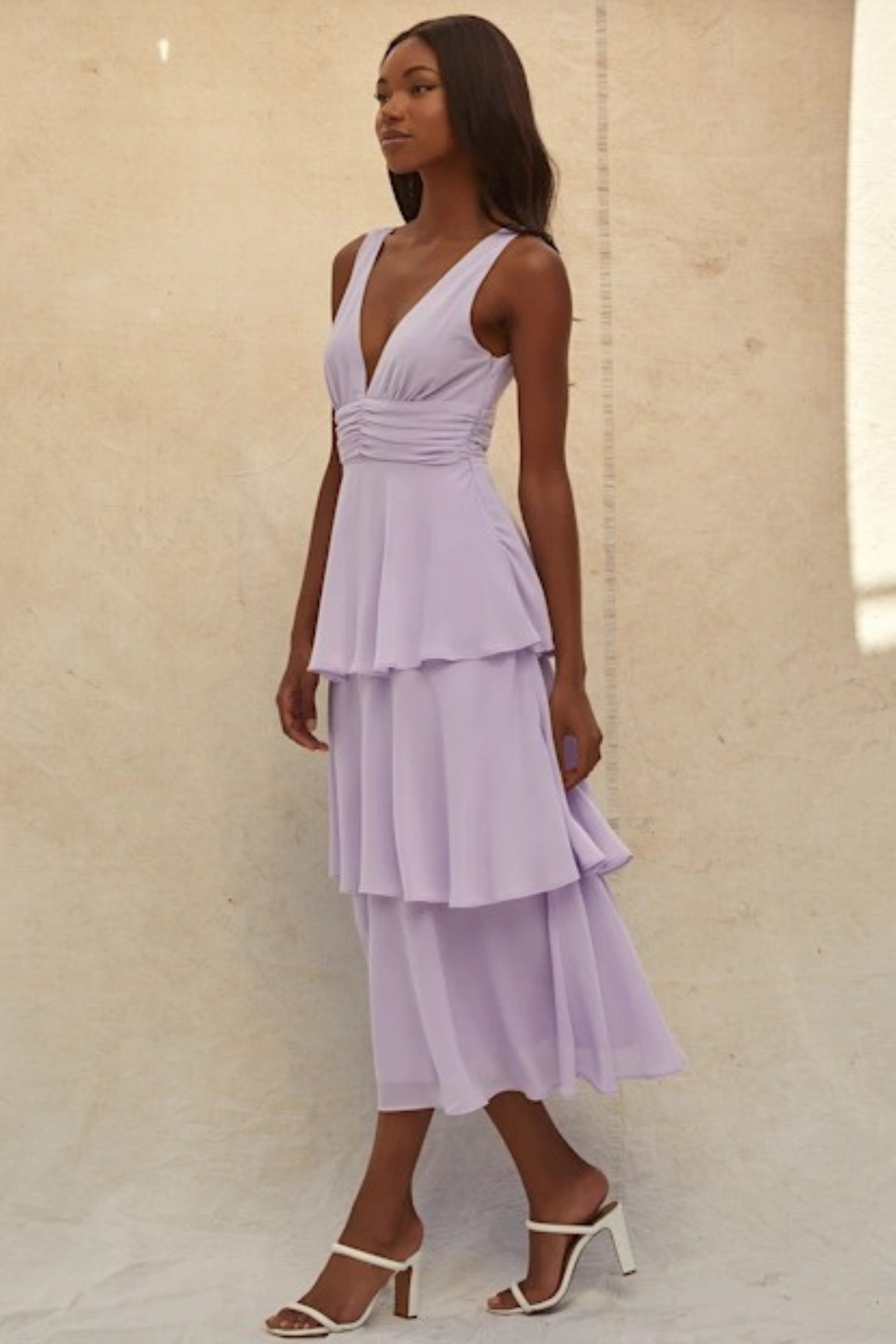 Tiered Midi Cocktail Dress Deep V Neck Flowy Elegant Summer Style