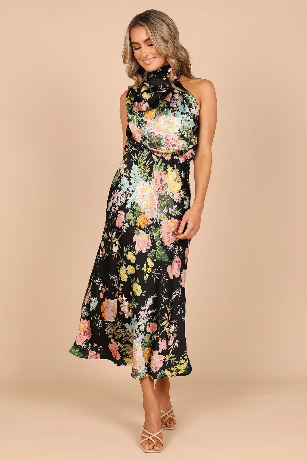 Elegant Midi Dress Halter Neck Satin Minimal Chic Cocktail Look