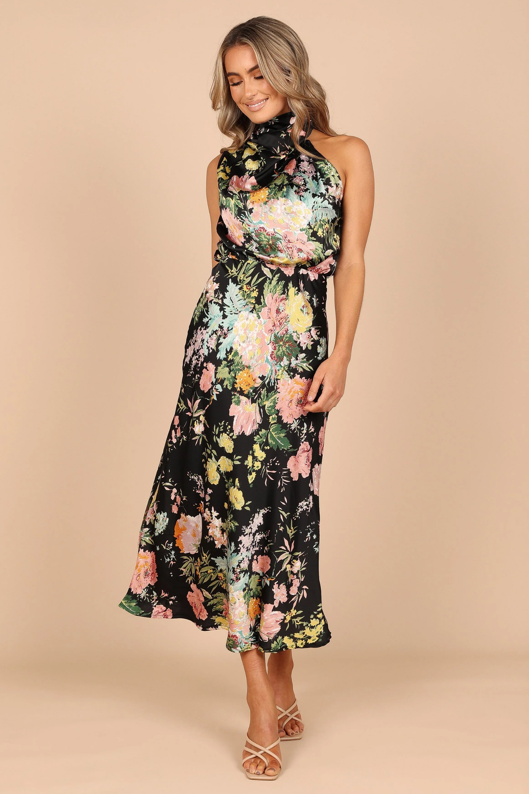 Elegant Midi Dress Halter Neck Satin Minimal Chic Cocktail Look