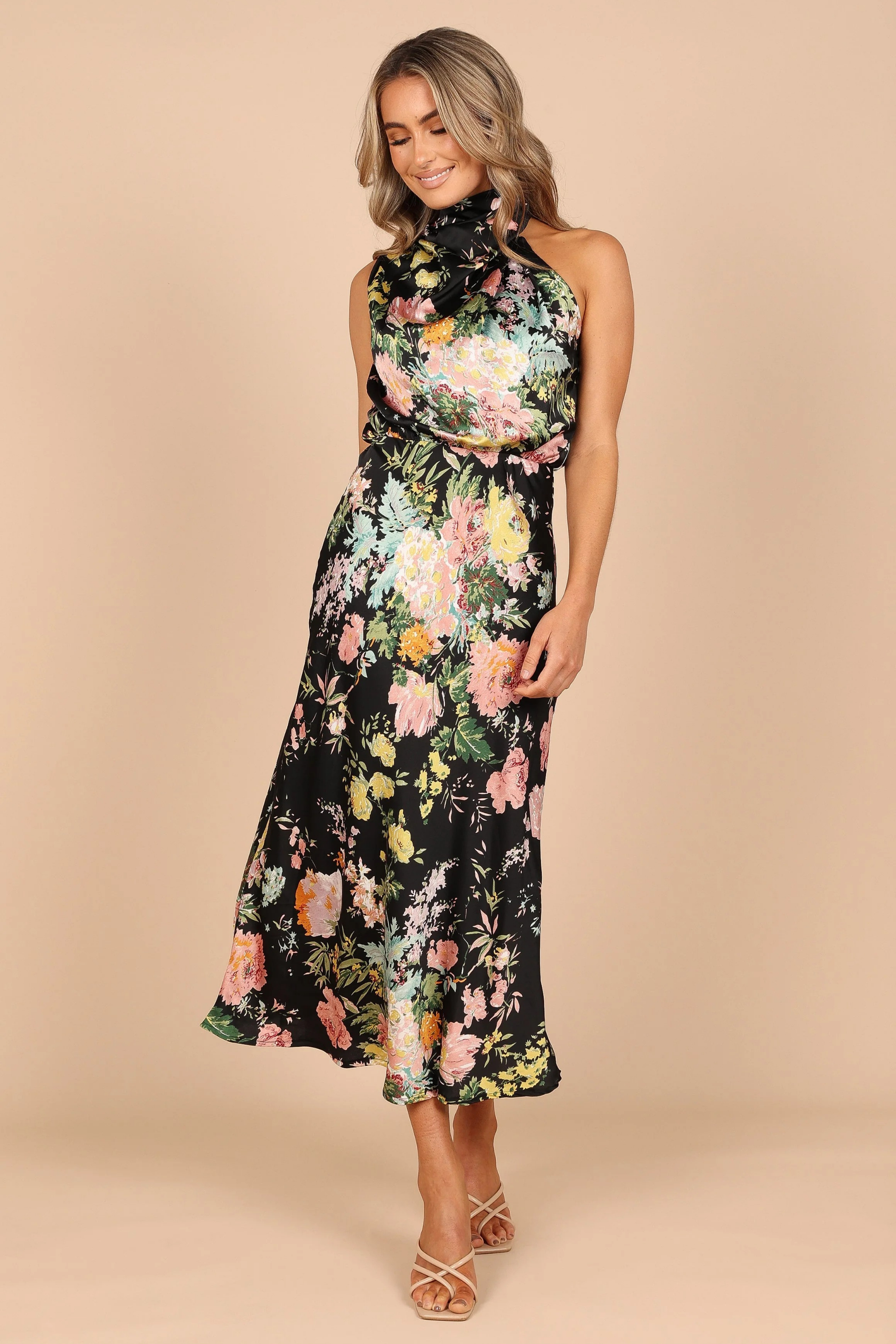 Elegant Midi Dress Halter Neck Satin Minimal Chic Cocktail Look