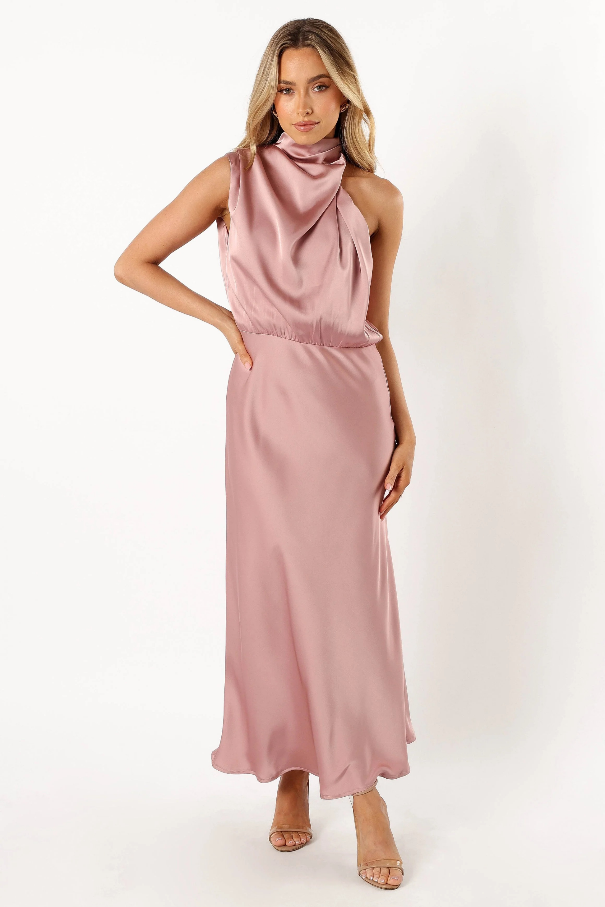 Elegant Midi Dress Halter Neck Satin Minimal Chic Cocktail Look