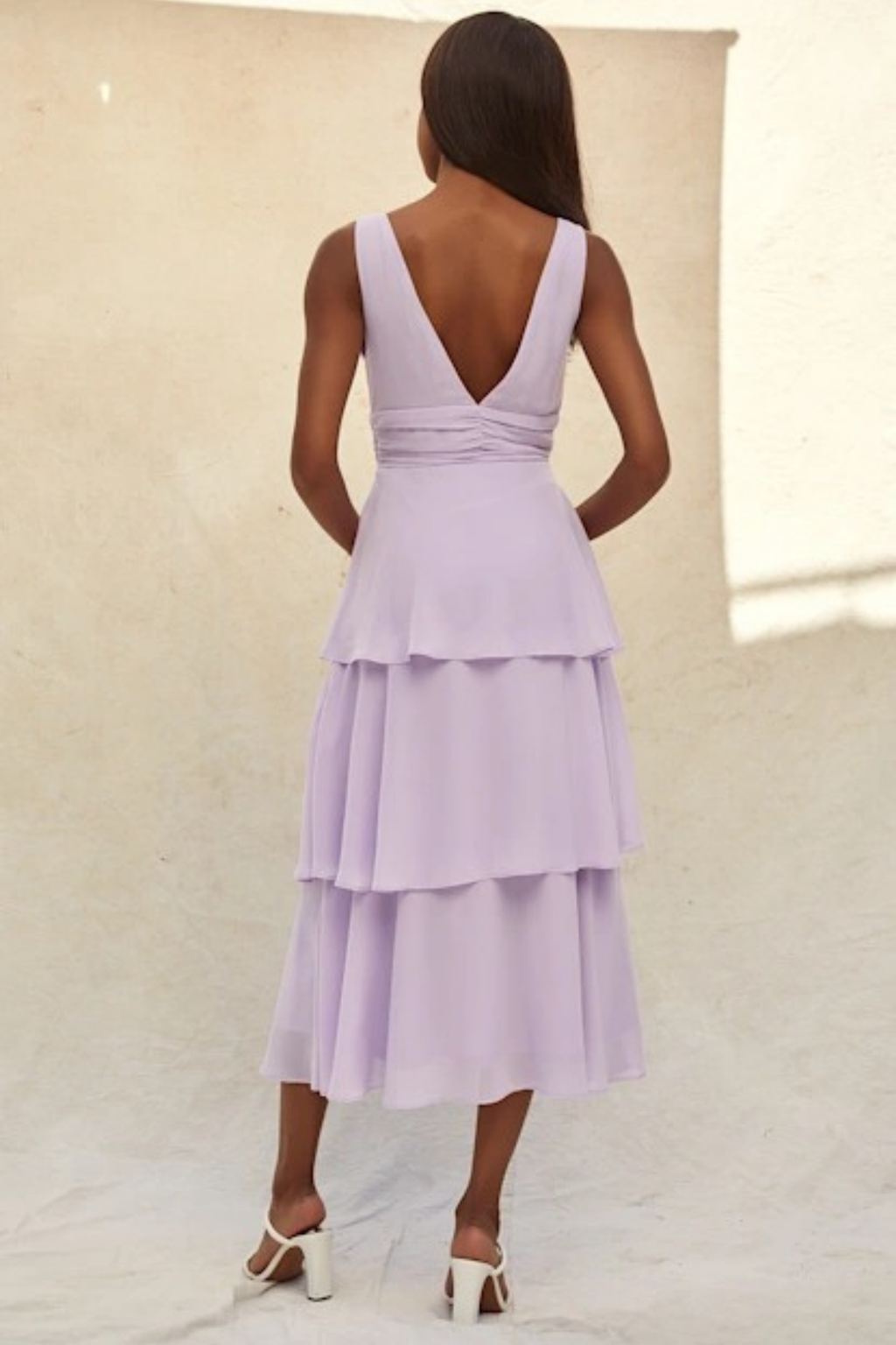 Tiered Midi Cocktail Dress Deep V Neck Flowy Elegant Summer Style