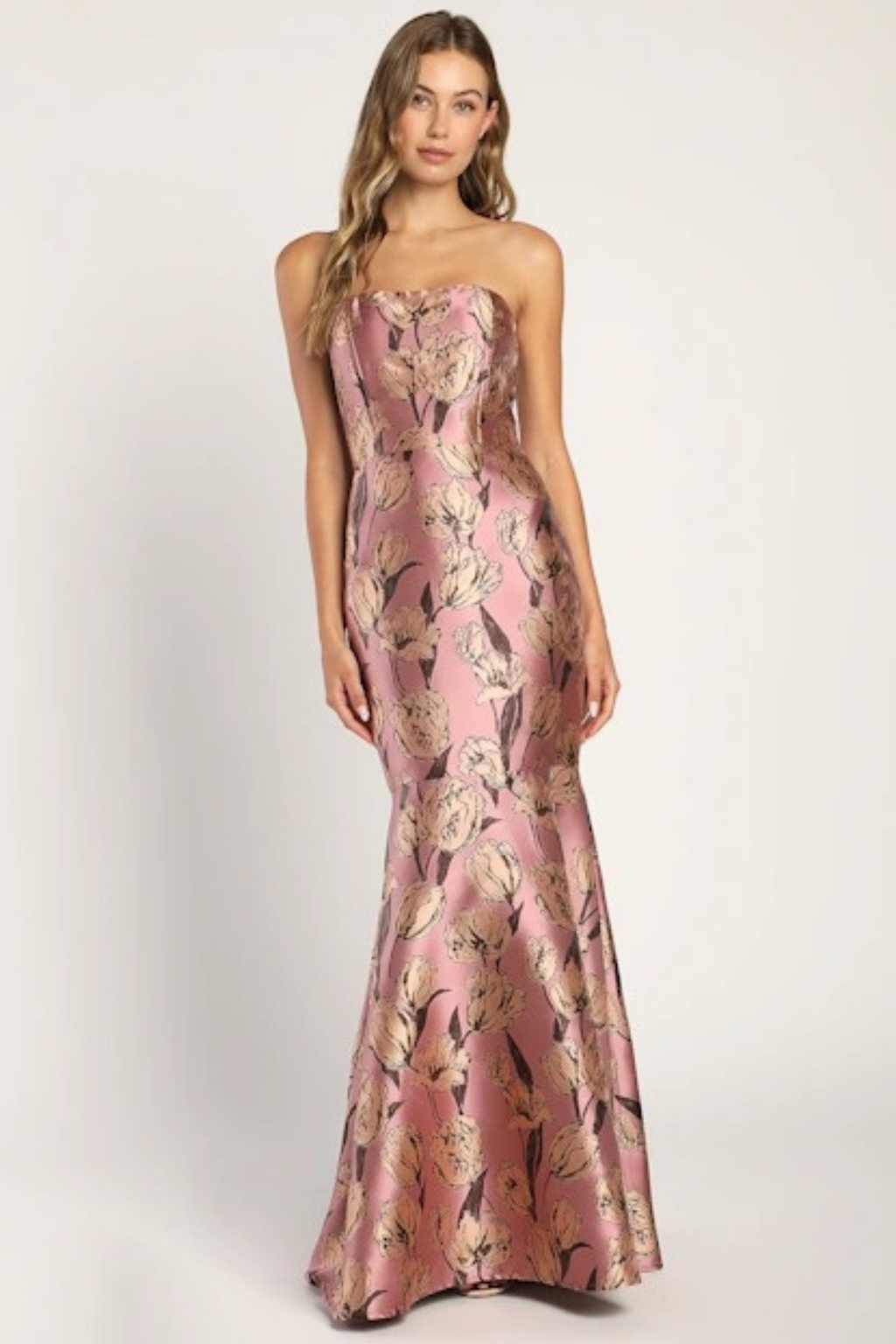 Strapless Floral Maxi Wedding Guest Dress Mermaid Fit Elegant Style