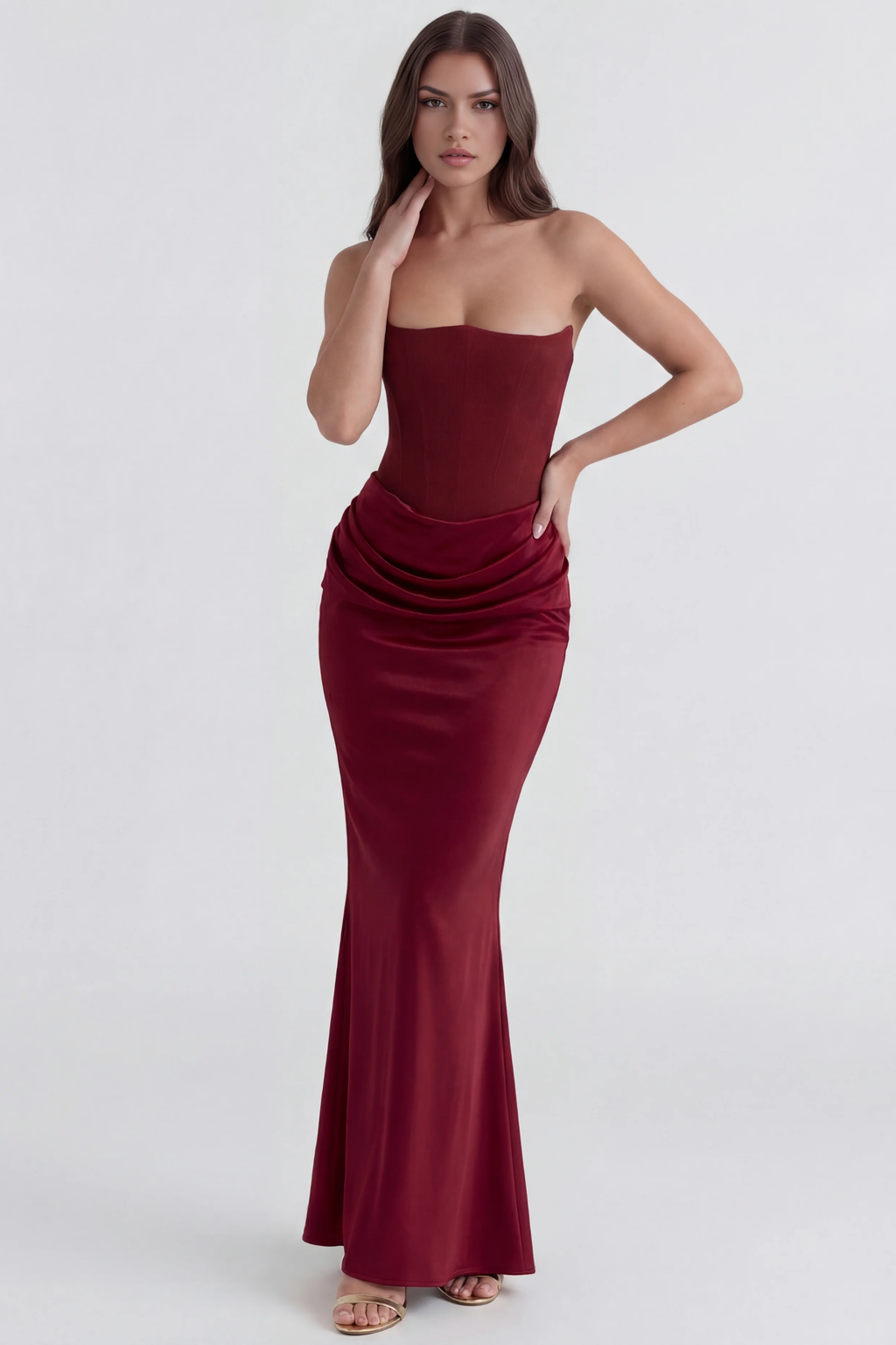 Elegant Strapless Maxi Dress Draped Waist Style