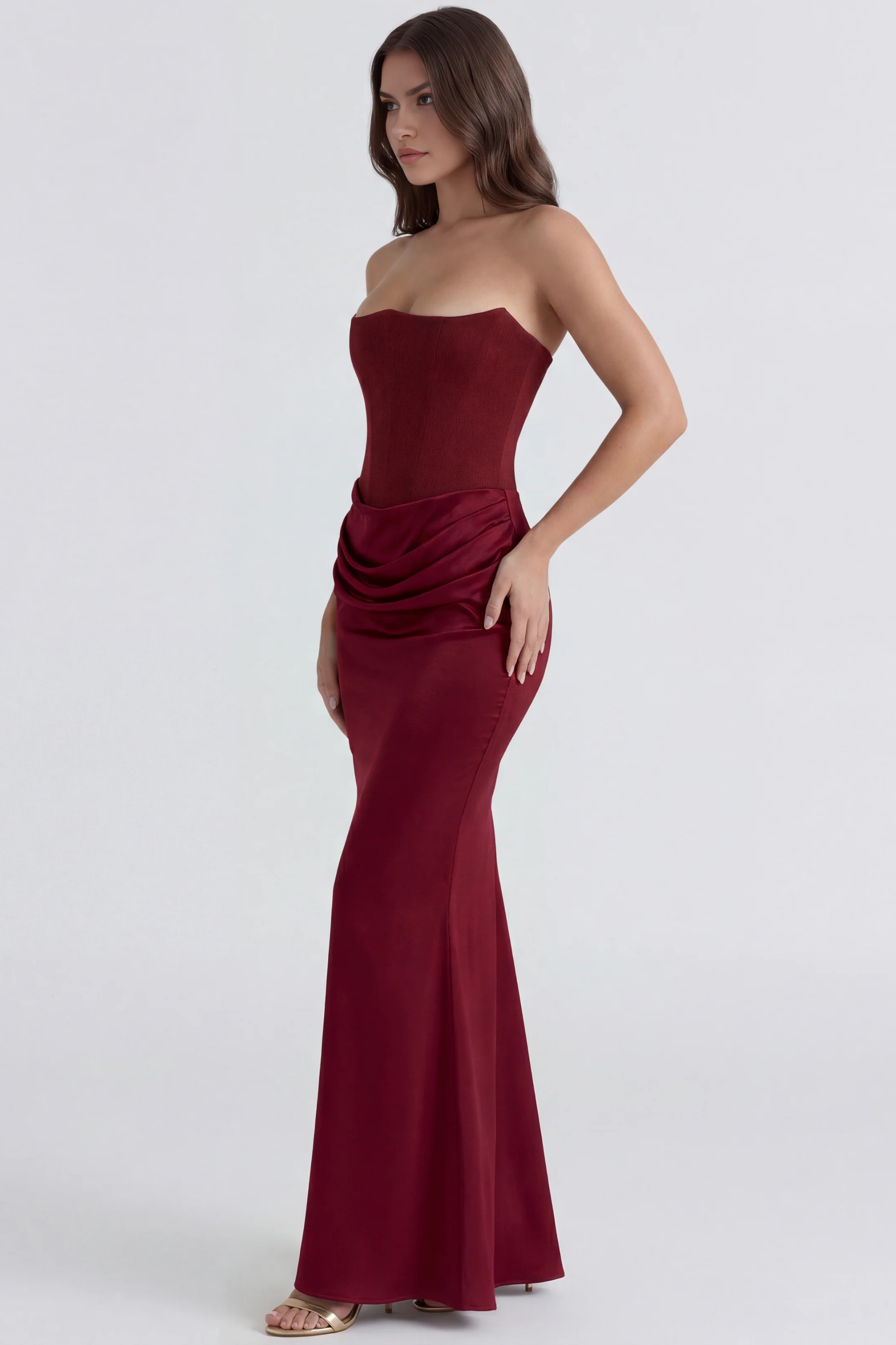Elegant Strapless Maxi Dress Draped Waist Style
