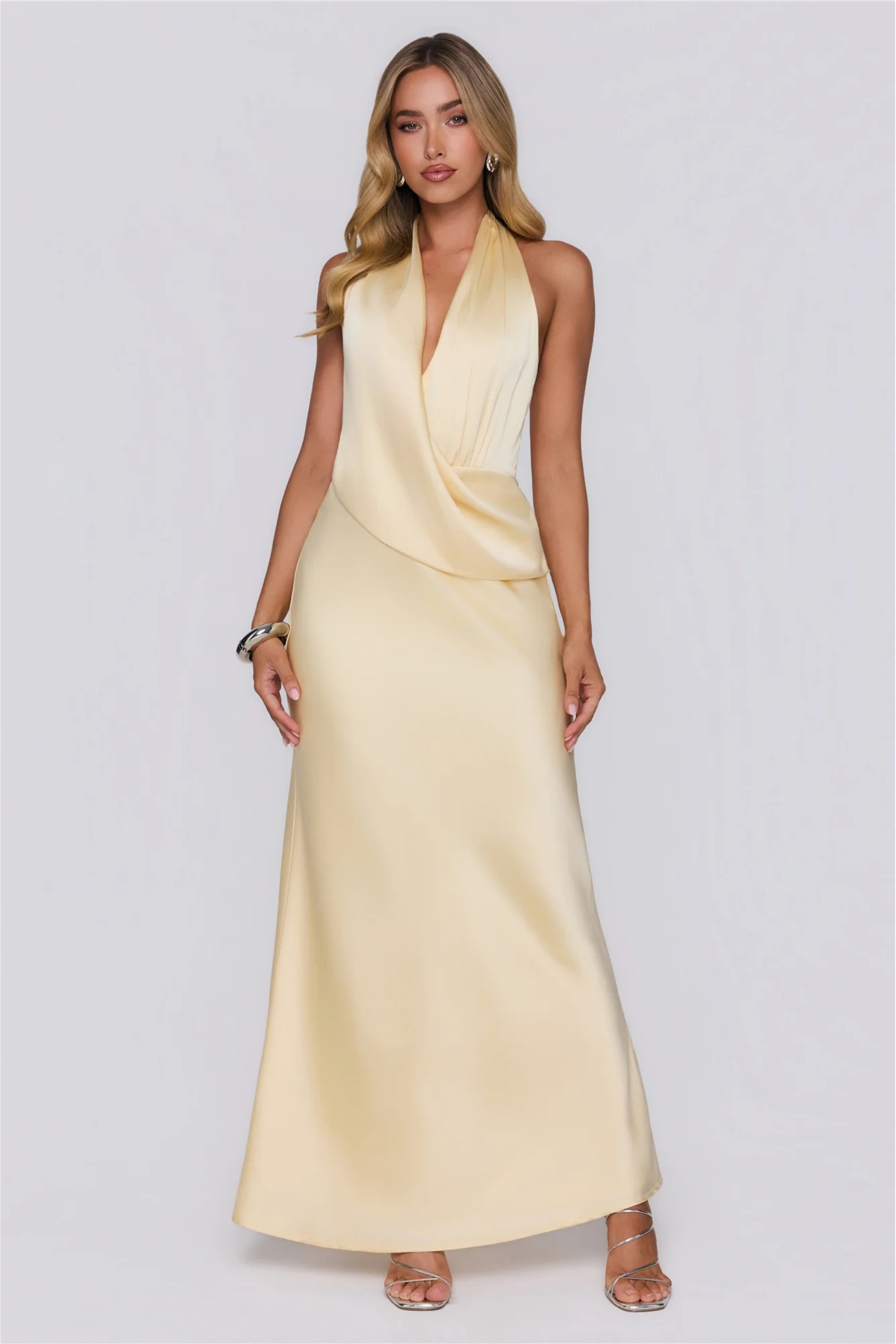 Halter Neck Maxi Dress Satin Elegant Wedding Guest Style