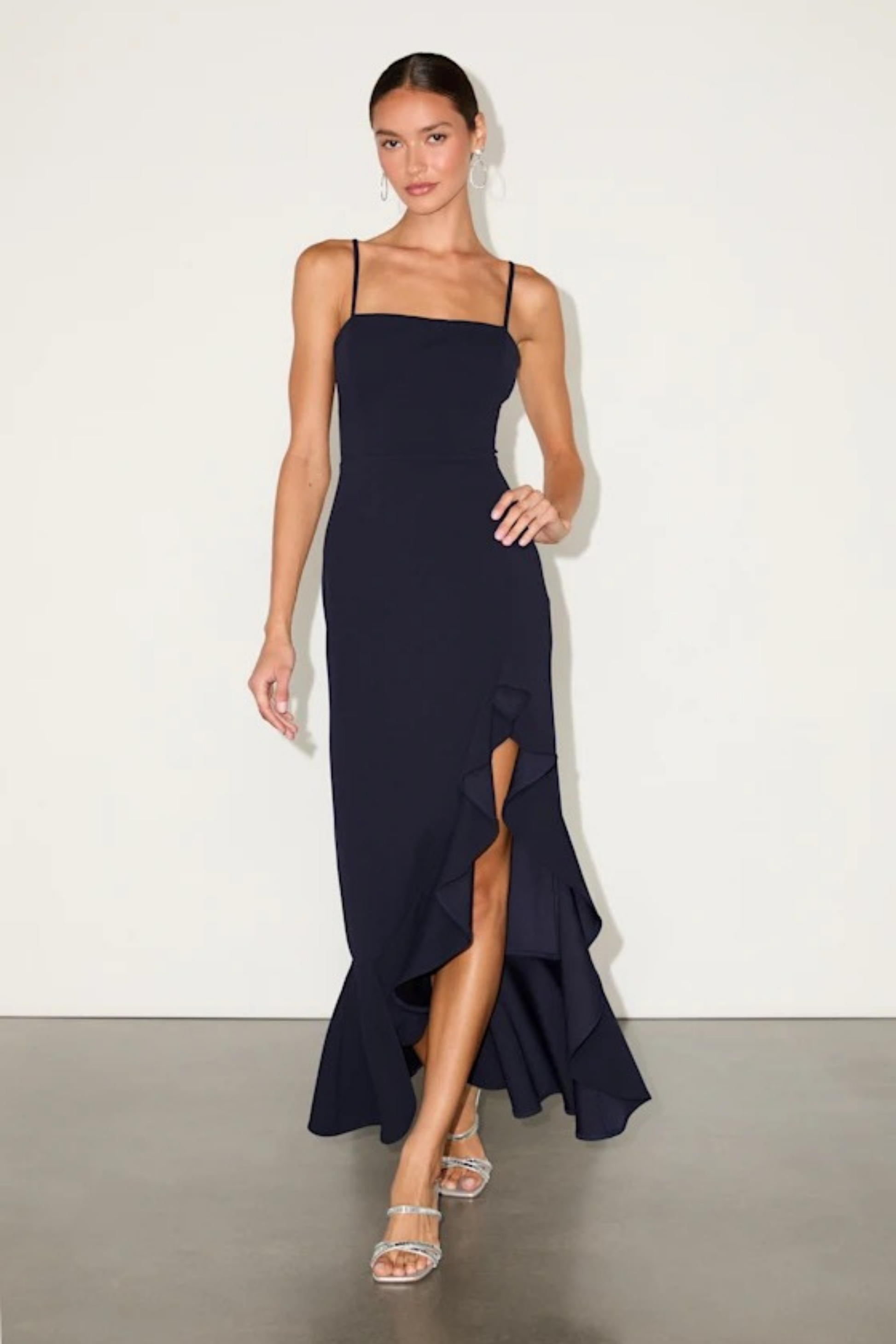 Midi Cocktail Dress with Ruffle Hem and Side Slit Elegant Evening Style