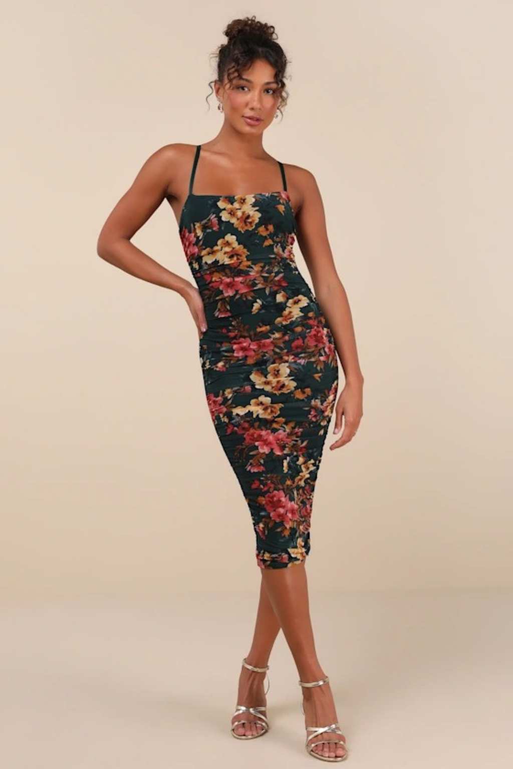 Bodycon Midi Cocktail Dress Floral Print Sleek Elegant Summer Style