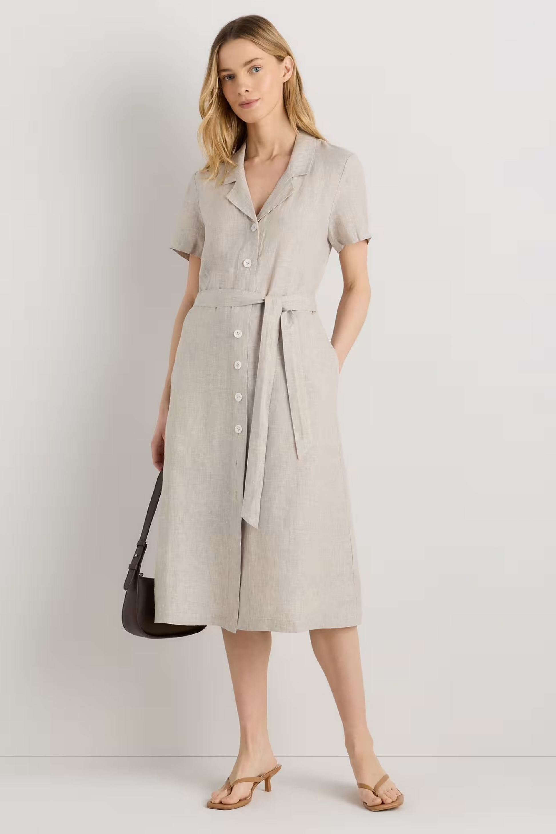 Linen Midi Dress Button Front Classic Style