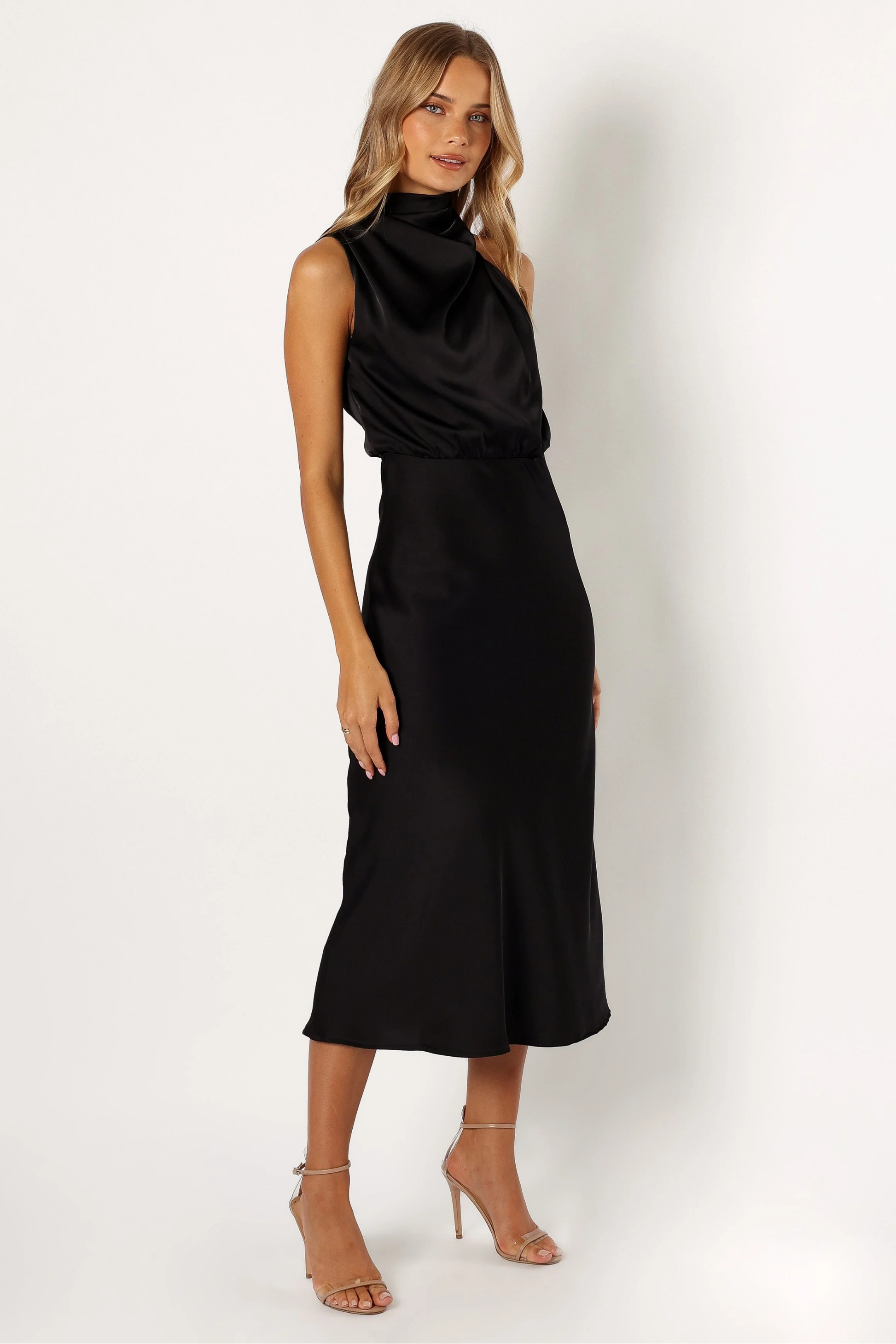 Elegant Midi Dress Halter Neck Satin Minimal Chic Cocktail Look