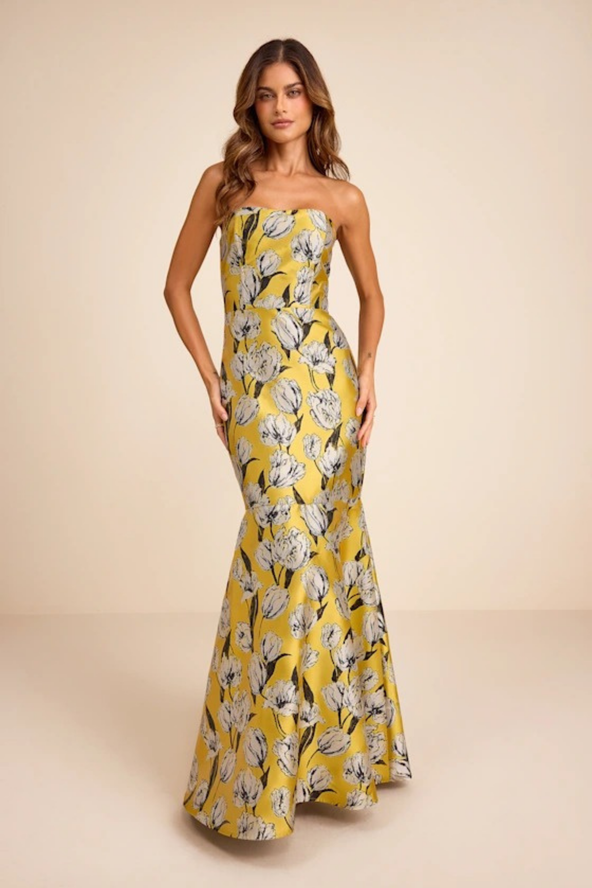 Strapless Floral Maxi Wedding Guest Dress Mermaid Fit Elegant Style