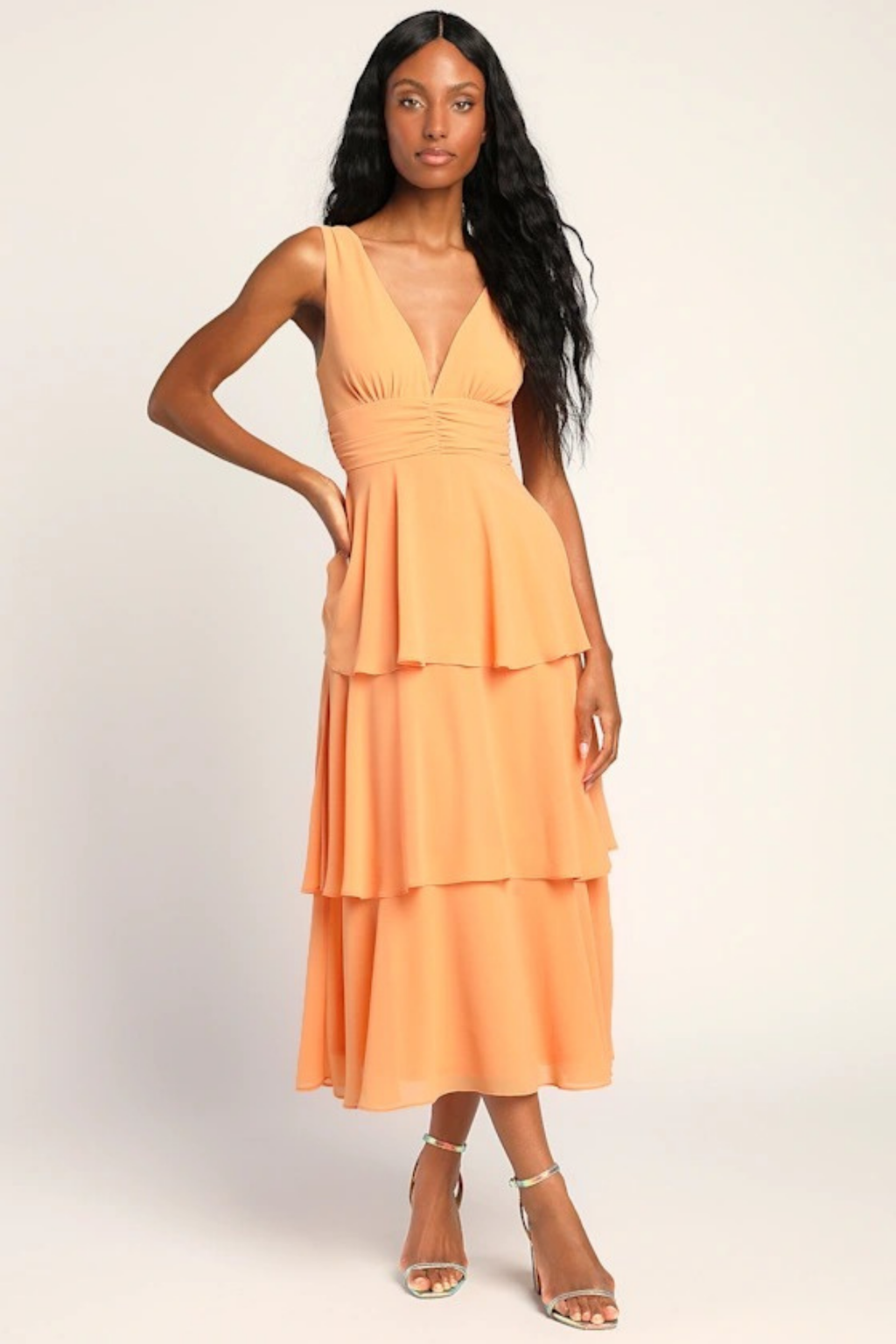 Tiered Midi Cocktail Dress Deep V Neck Flowy Elegant Summer Style