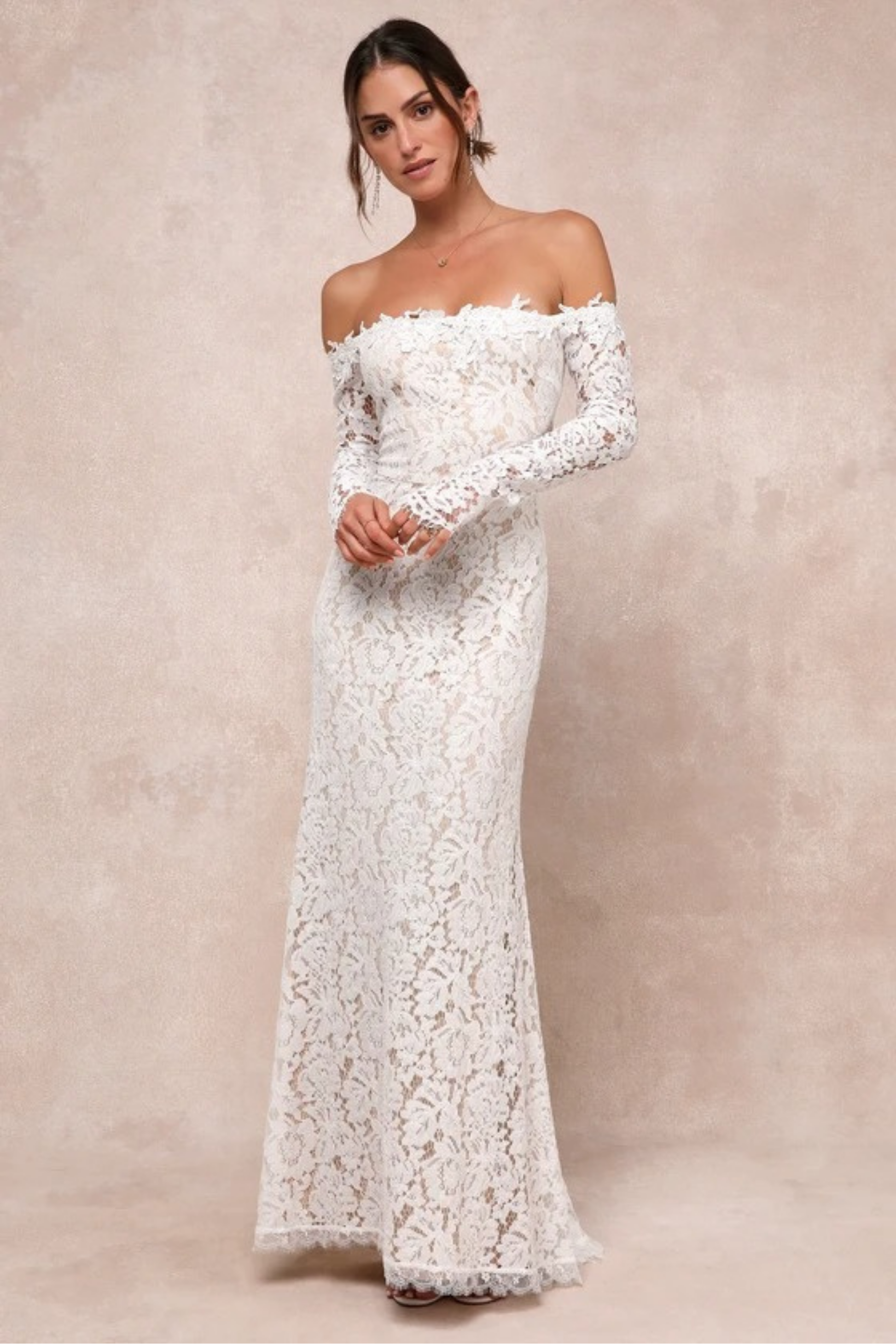 Lace Bridal Maxi Dress Off Shoulder Long Sleeve Elegant Wedding Style