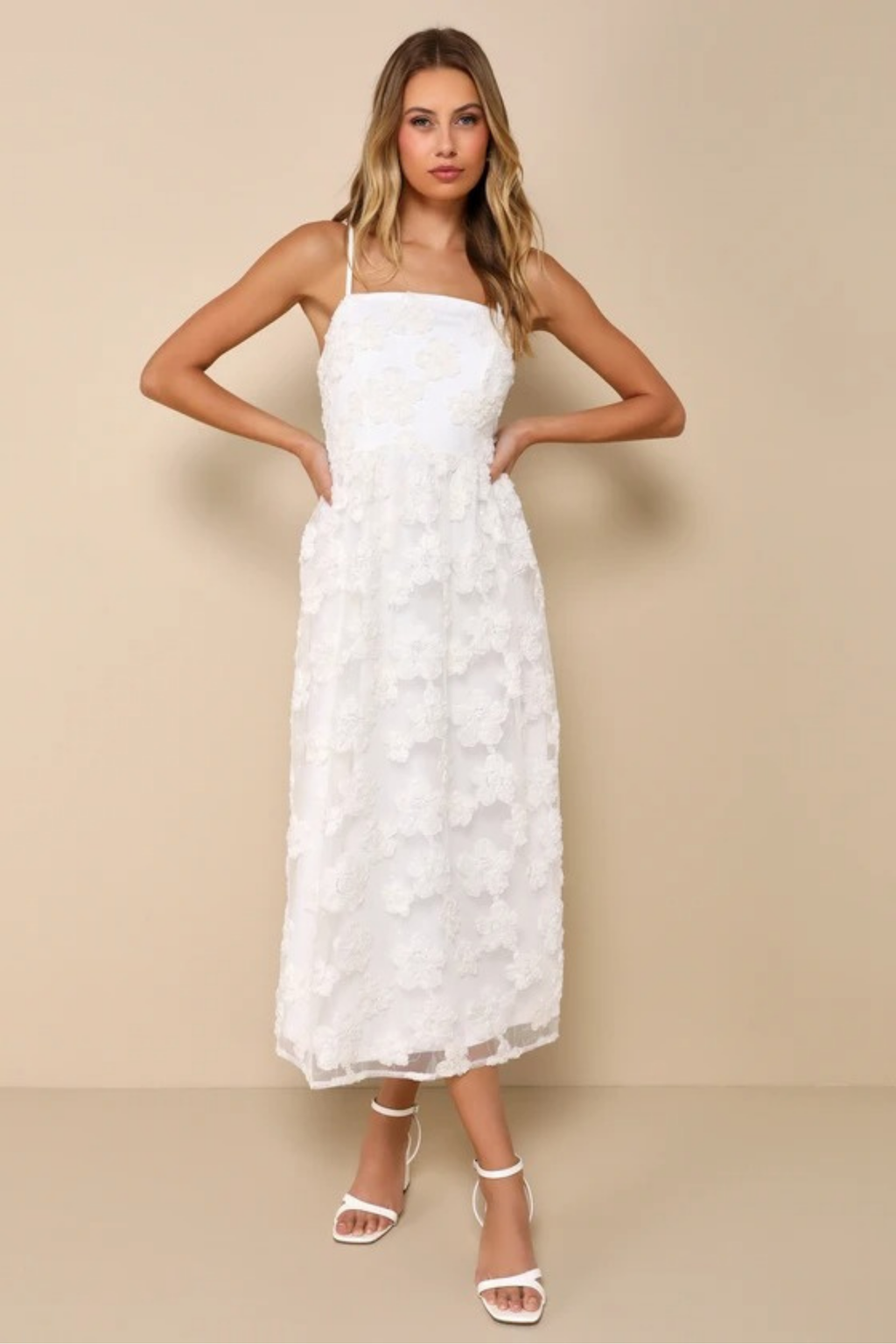 Elegant Midi Dress Spaghetti Strap Floral Lace Romantic Cocktail Style