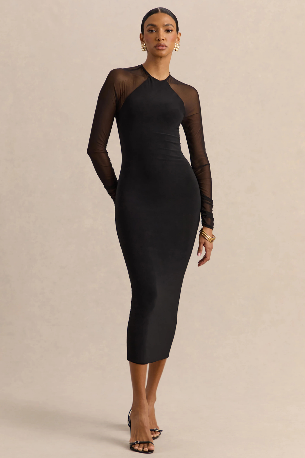 Bodycon Midi Cocktail Dress High Neck Sheer Sleeve Elegant Evening Style