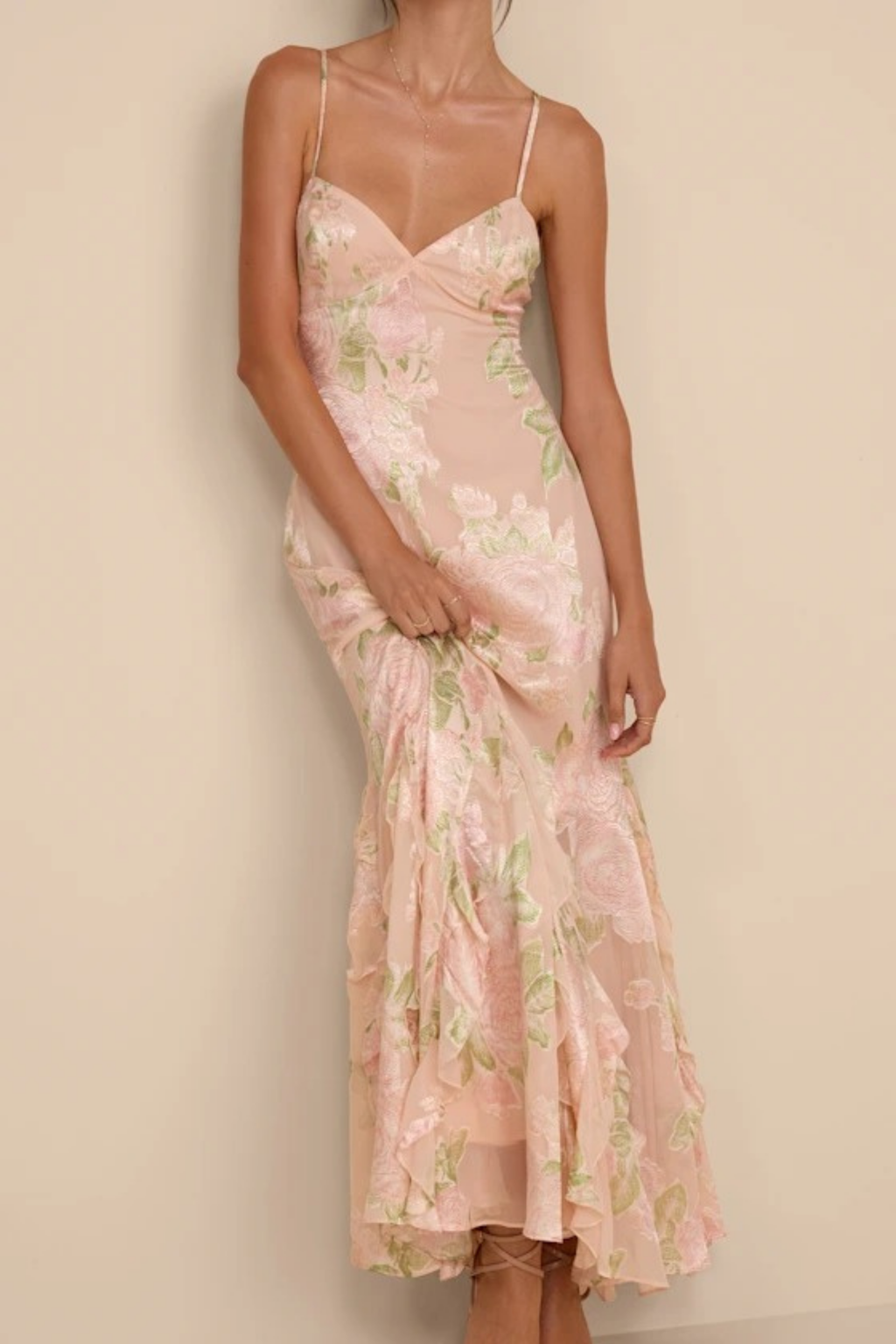 Floral Maxi Wedding Guest Dress Spaghetti Strap Elegant Flowing Style