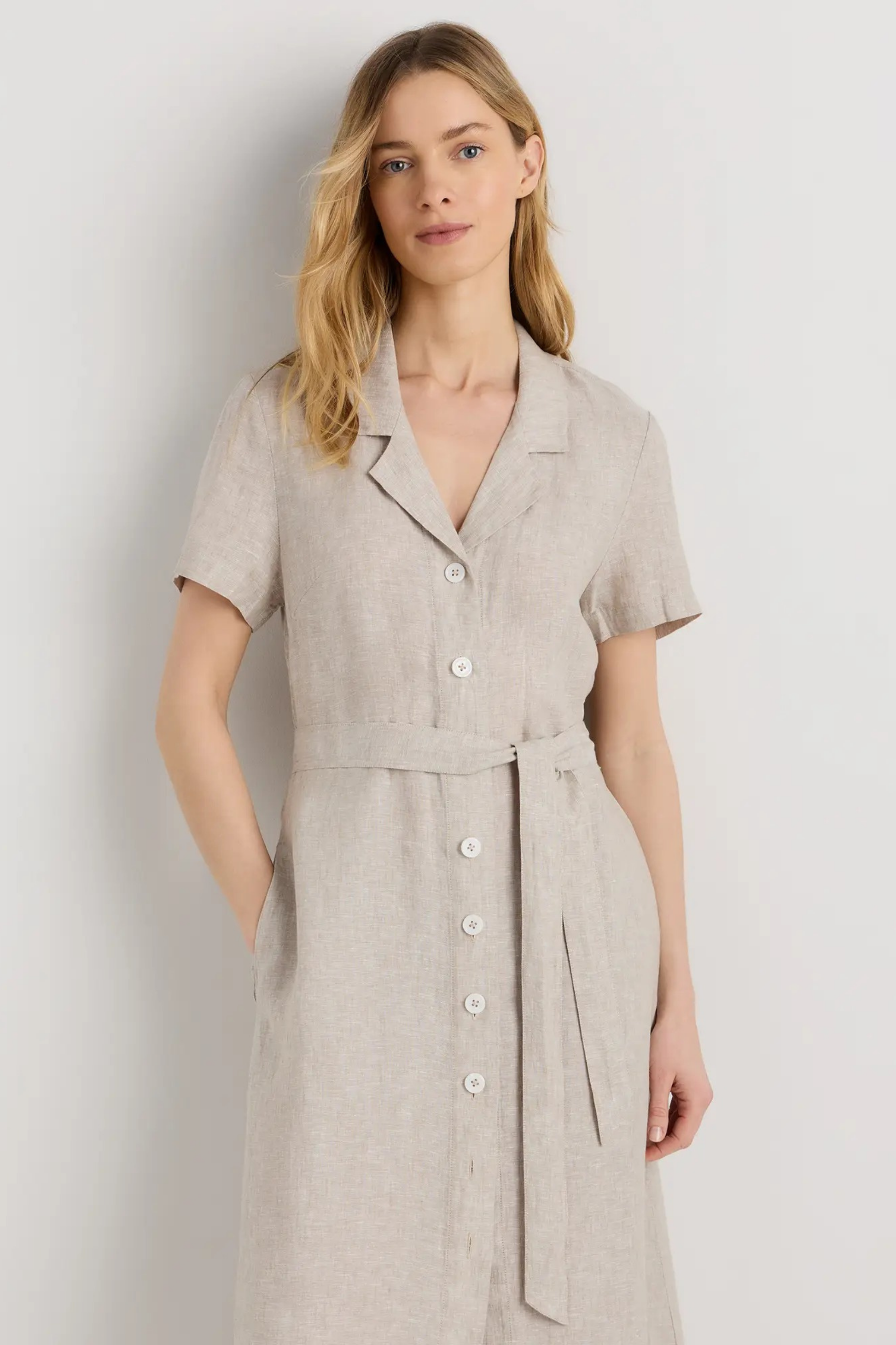 Linen Midi Dress Button Front Classic Style