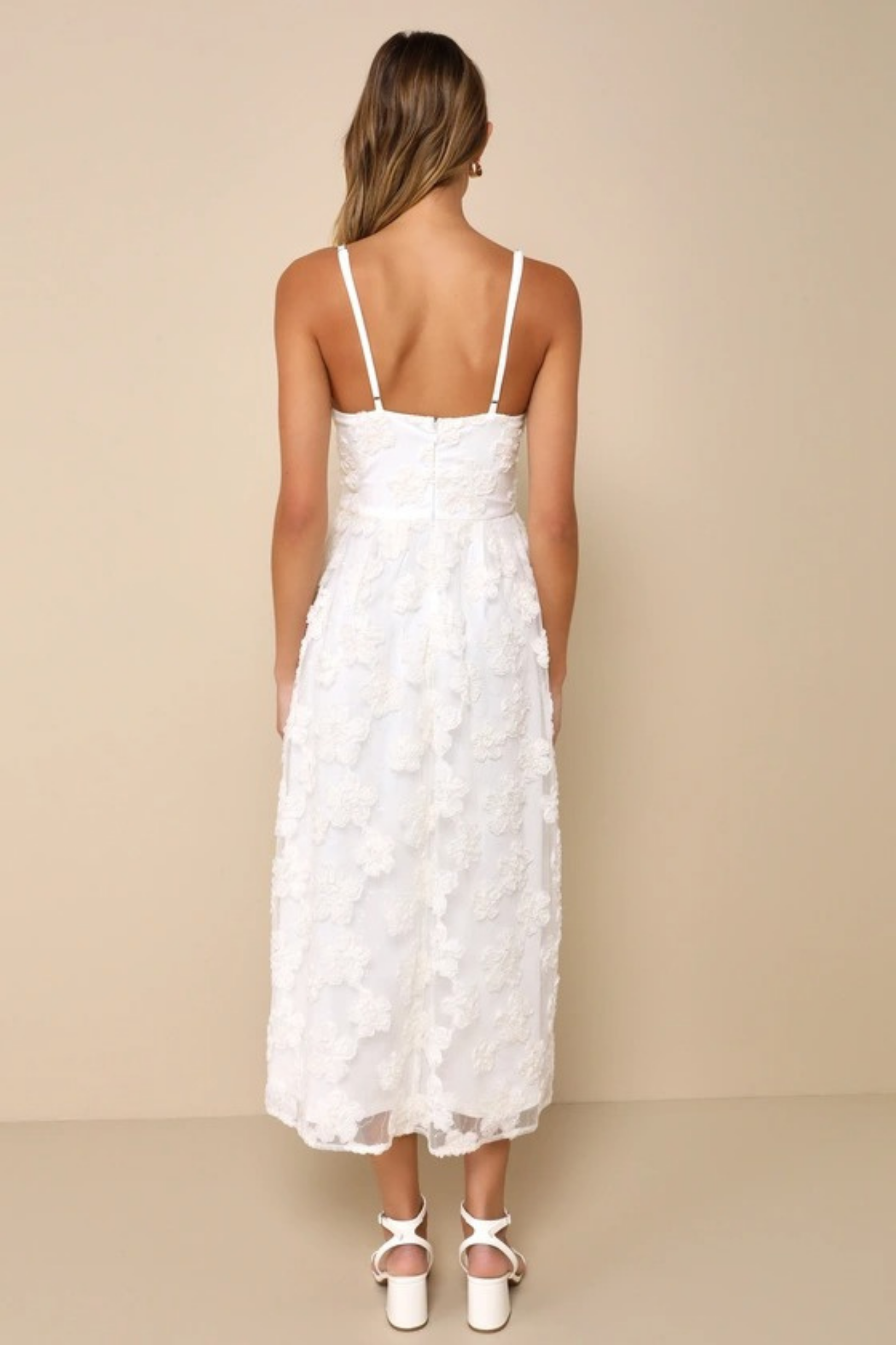 Elegant Midi Dress Spaghetti Strap Floral Lace Romantic Cocktail Style