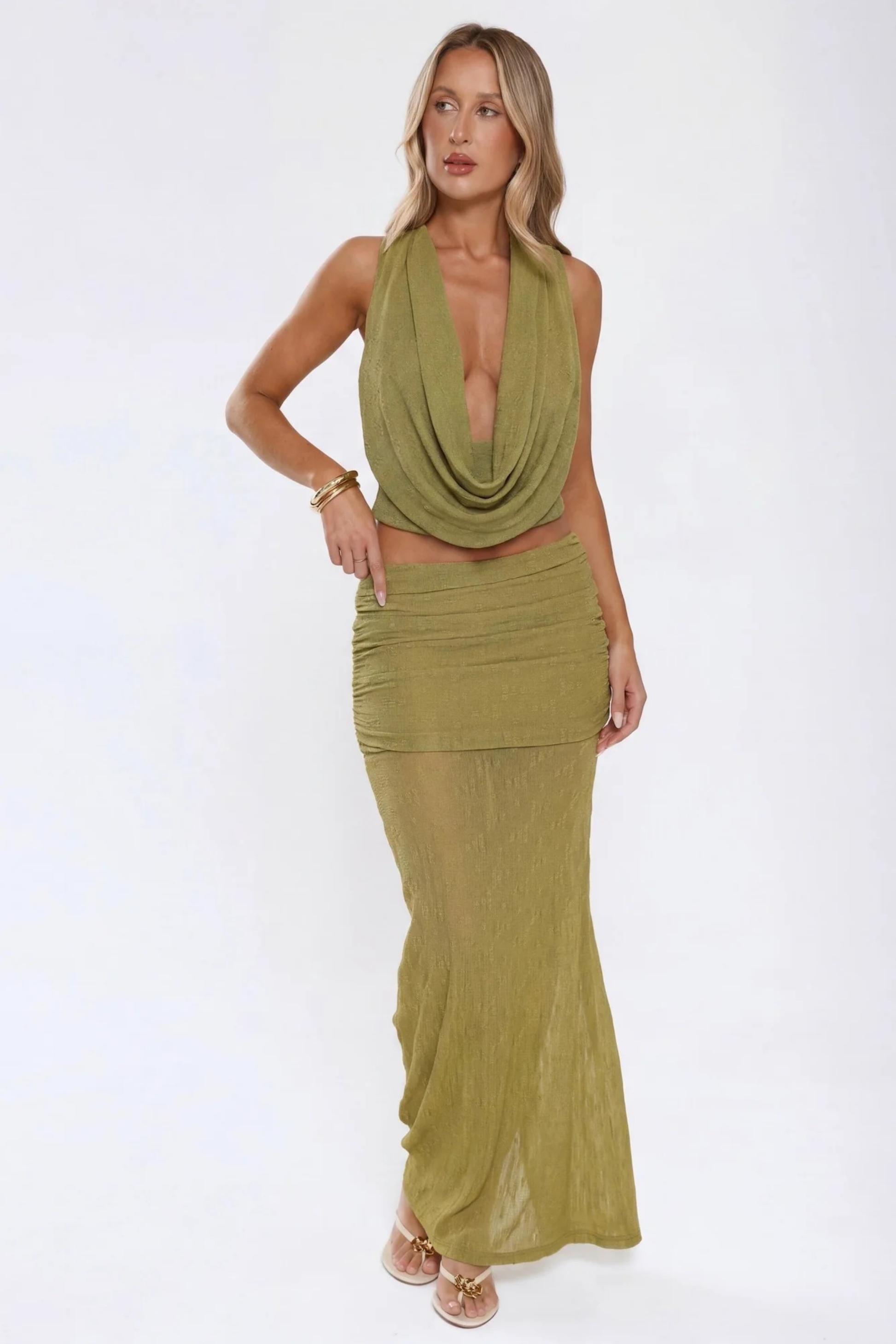 Halter Neck Crop Top Draped Cowl Style