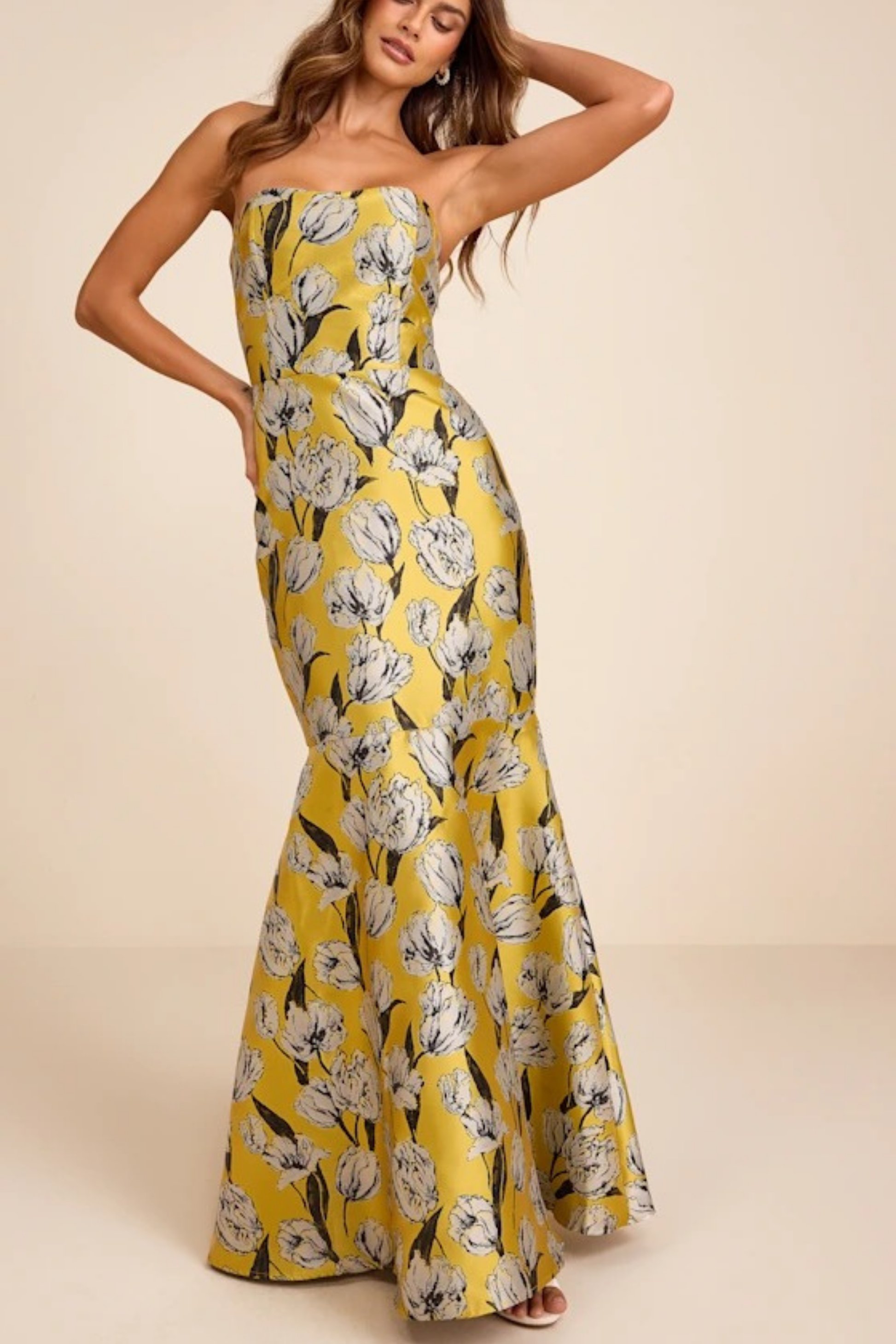 Strapless Floral Maxi Wedding Guest Dress Mermaid Fit Elegant Style