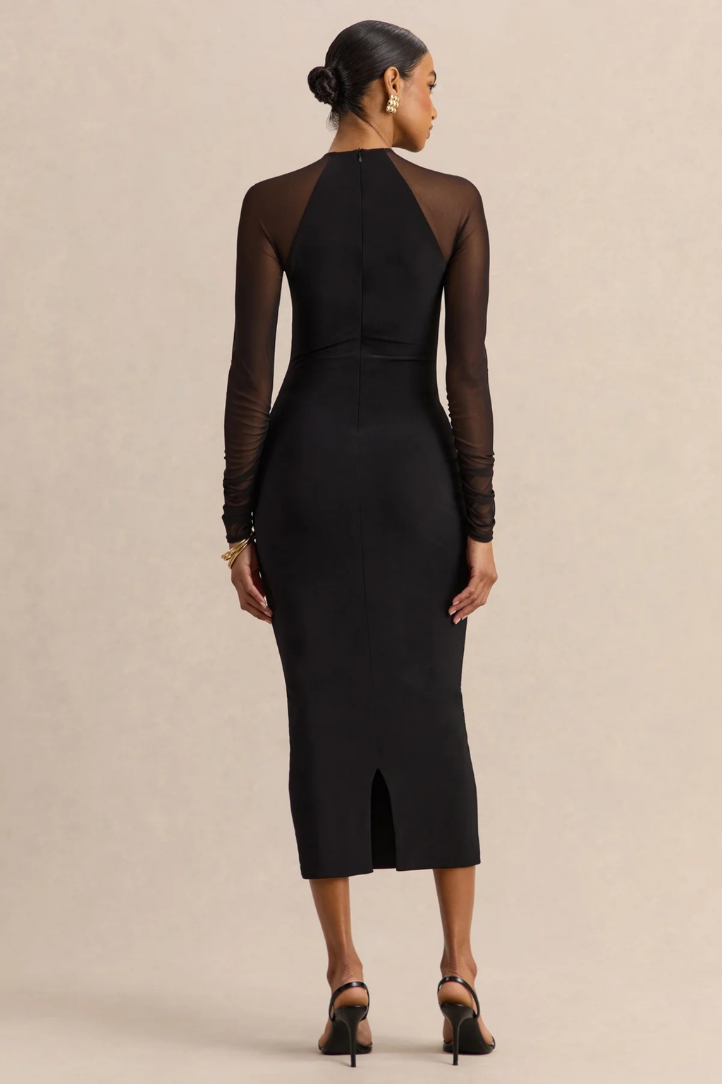 Bodycon Midi Cocktail Dress High Neck Sheer Sleeve Elegant Evening Style