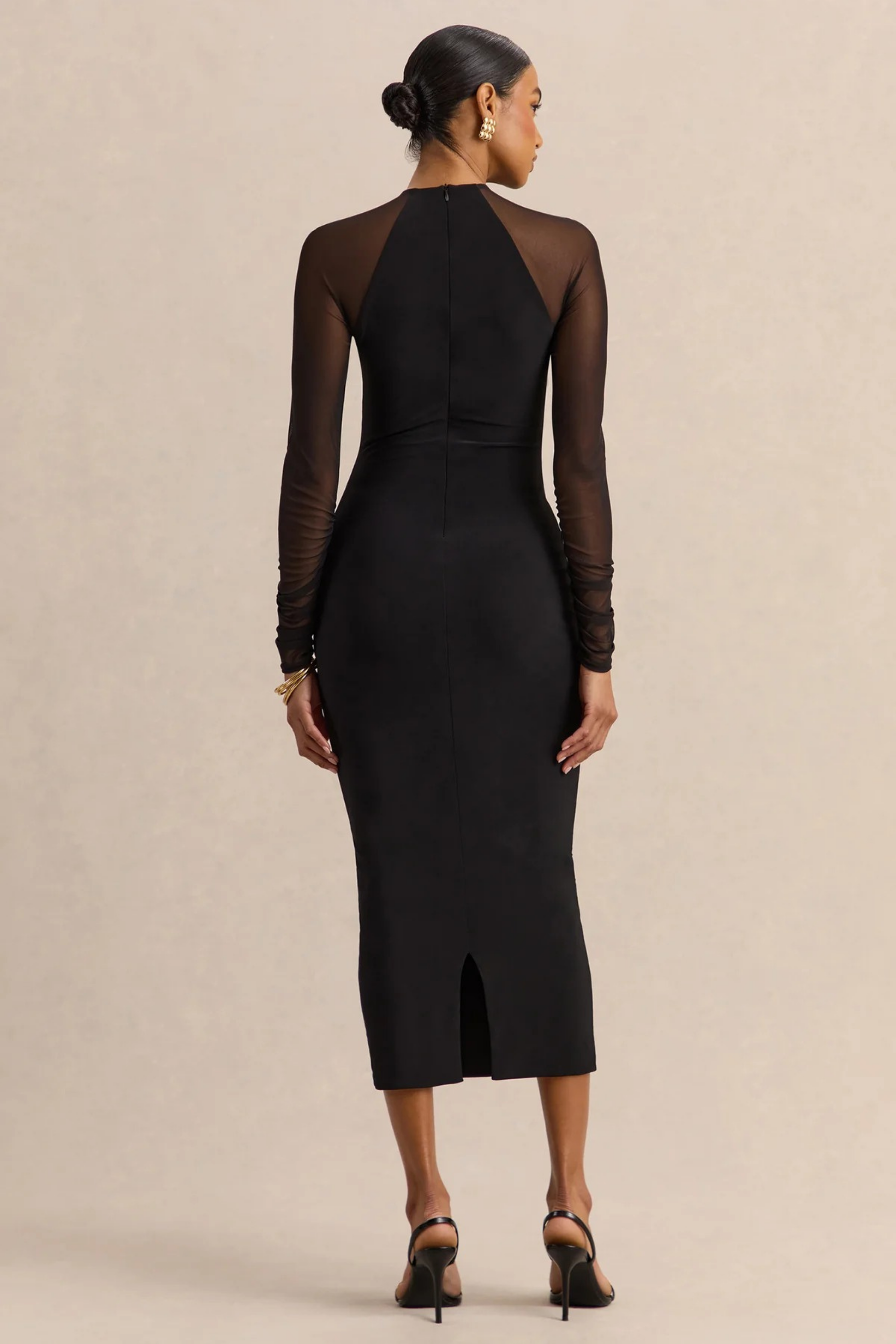 Bodycon Midi Cocktail Dress High Neck Sheer Sleeve Elegant Evening Style