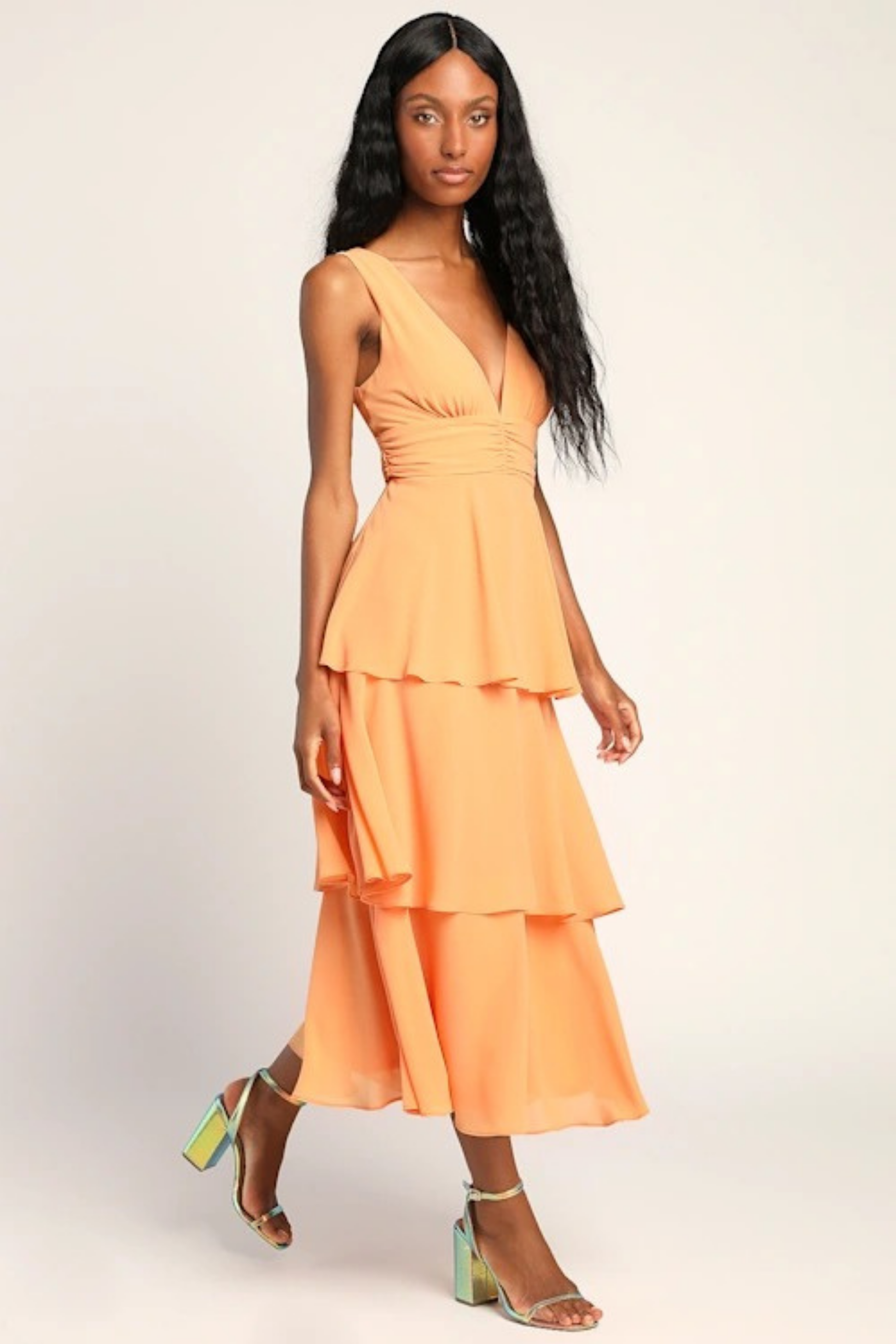 Tiered Midi Cocktail Dress Deep V Neck Flowy Elegant Summer Style