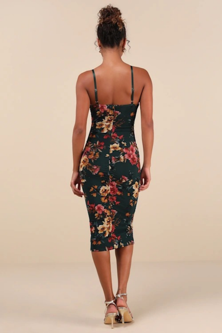 Bodycon Midi Cocktail Dress Floral Print Sleek Elegant Summer Style