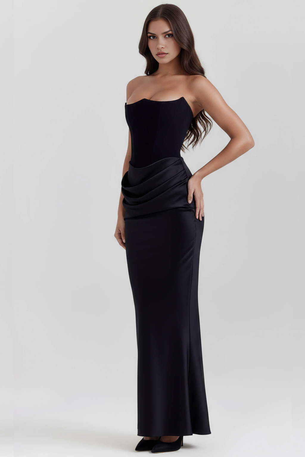Elegant Strapless Maxi Dress Draped Waist Style