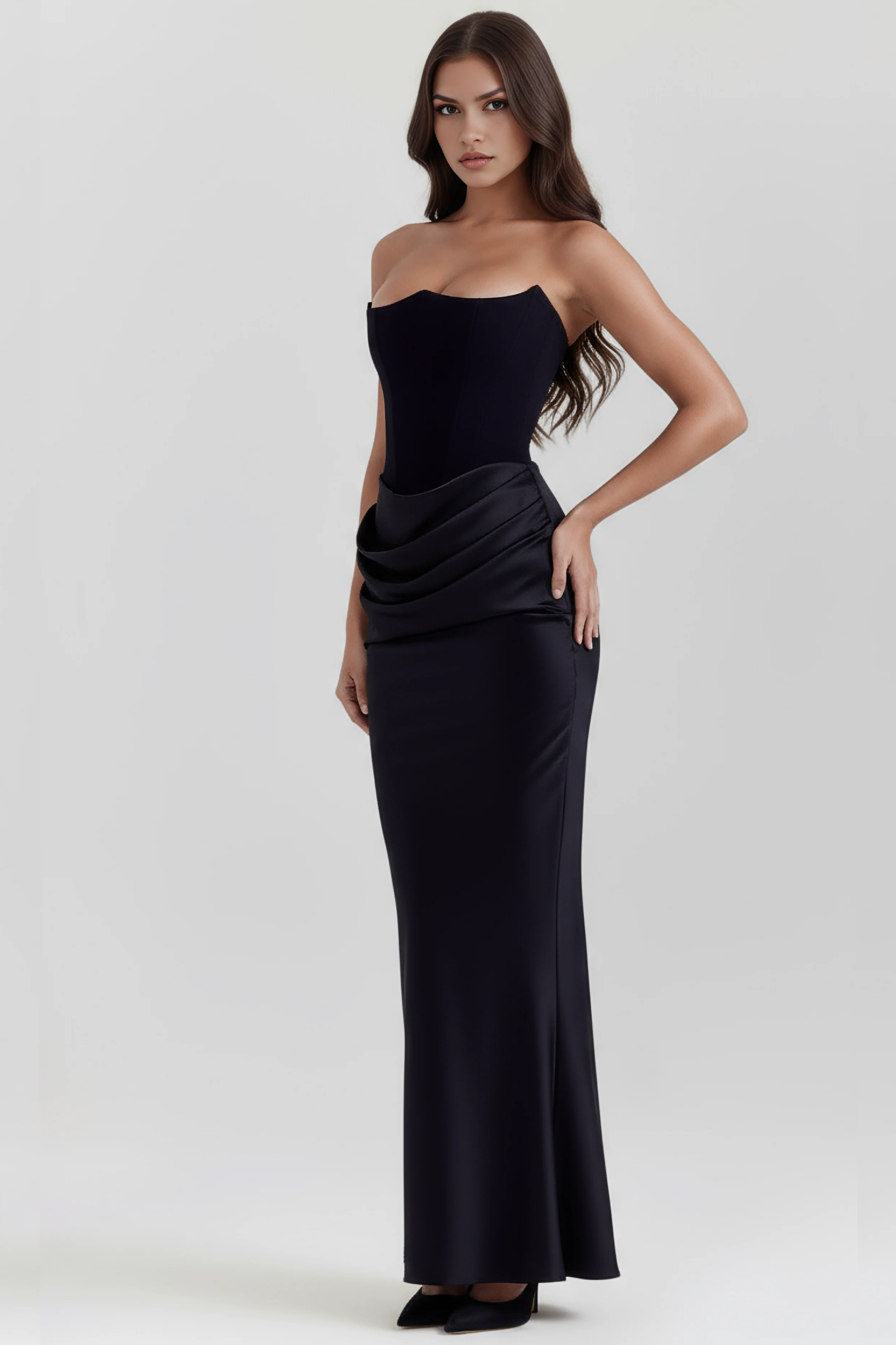 Elegant Strapless Maxi Dress Draped Waist Style
