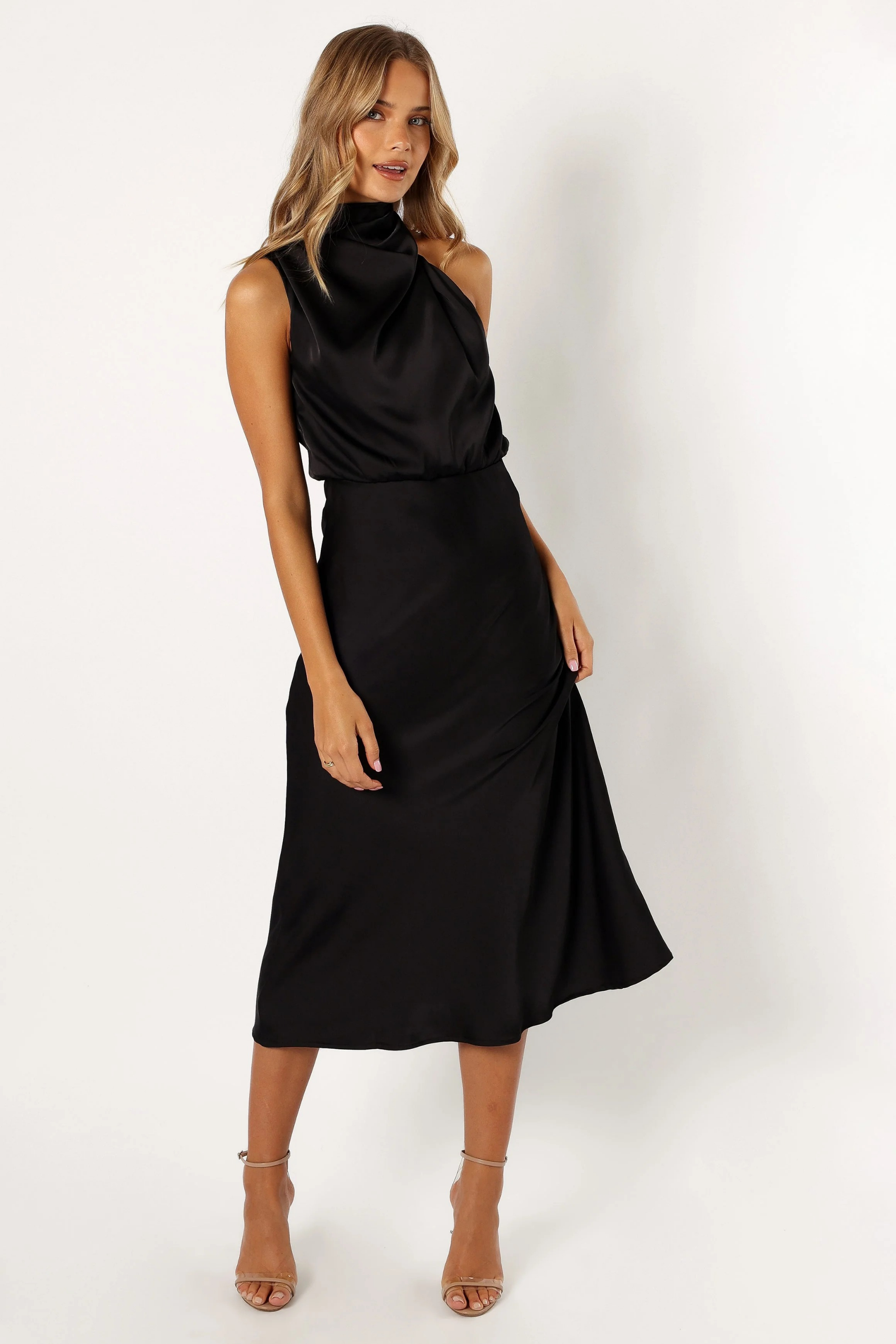 Elegant Midi Dress Halter Neck Satin Minimal Chic Cocktail Look