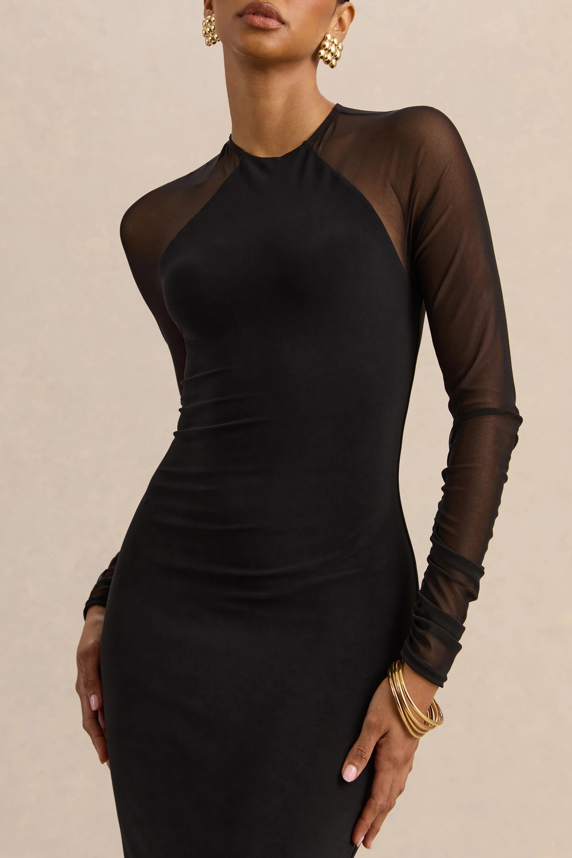 Bodycon Midi Cocktail Dress High Neck Sheer Sleeve Elegant Evening Style