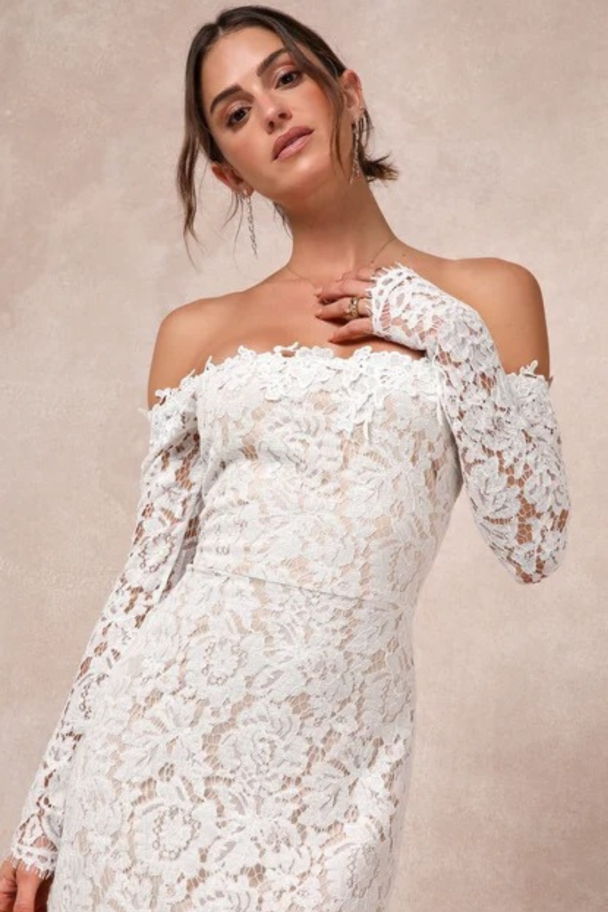 Lace Bridal Maxi Dress Off Shoulder Long Sleeve Elegant Wedding Style