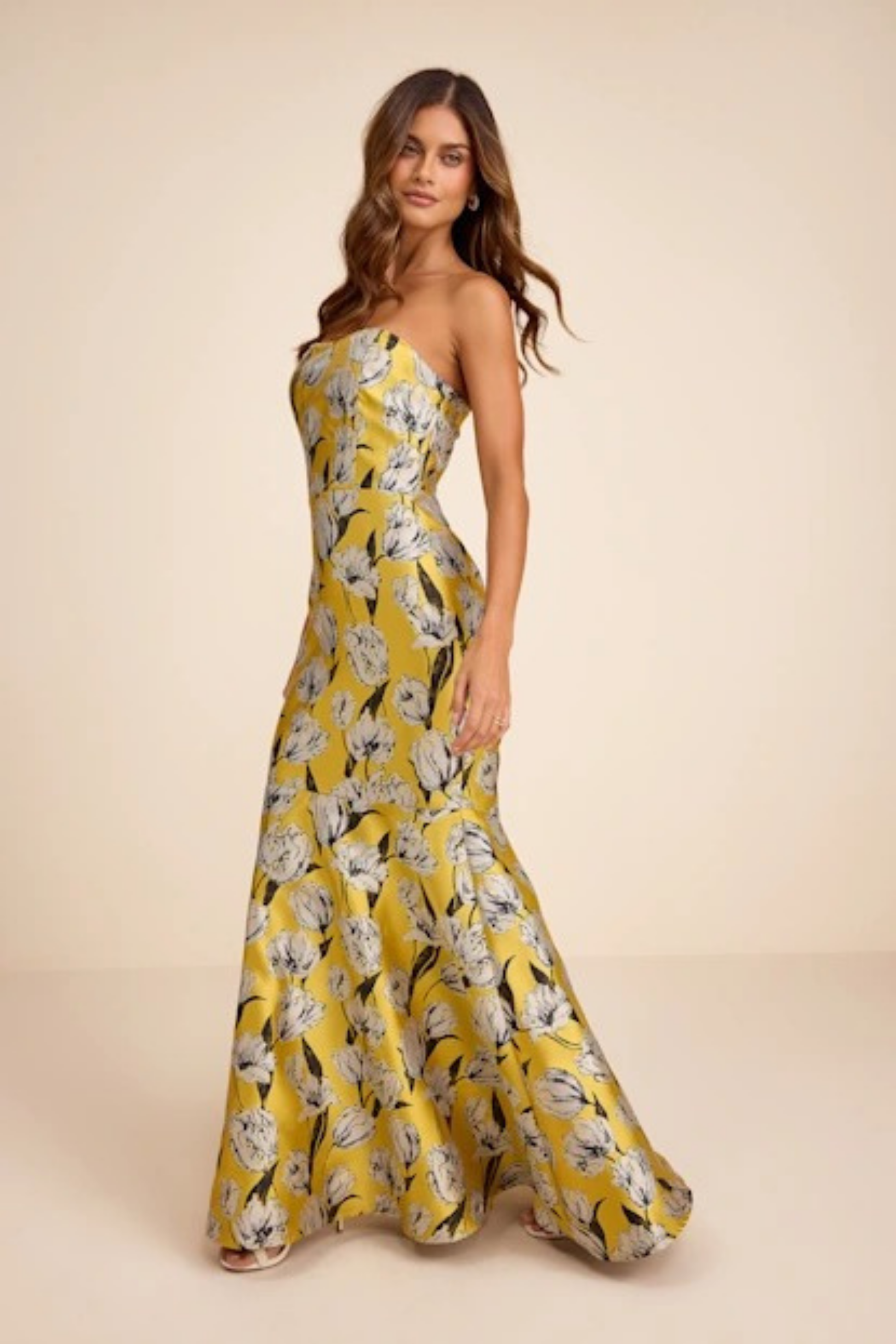 Strapless Floral Maxi Wedding Guest Dress Mermaid Fit Elegant Style