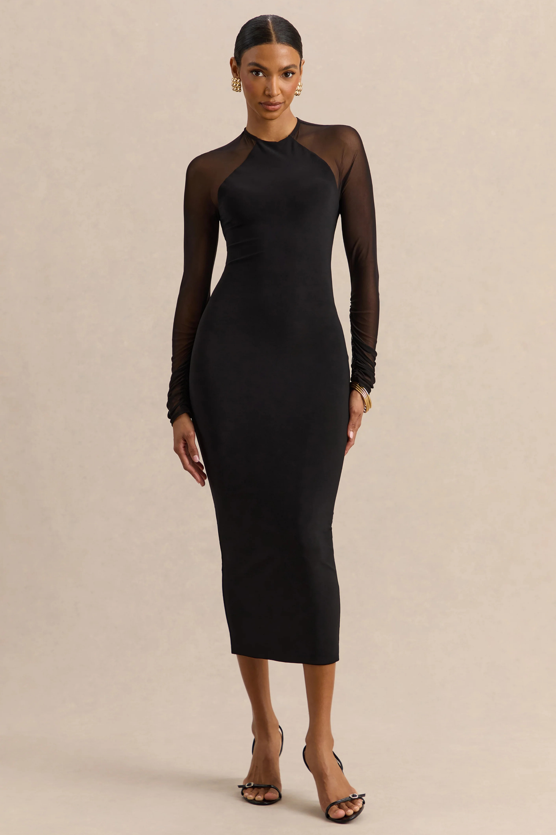 Bodycon Midi Cocktail Dress High Neck Sheer Sleeve Elegant Evening Style