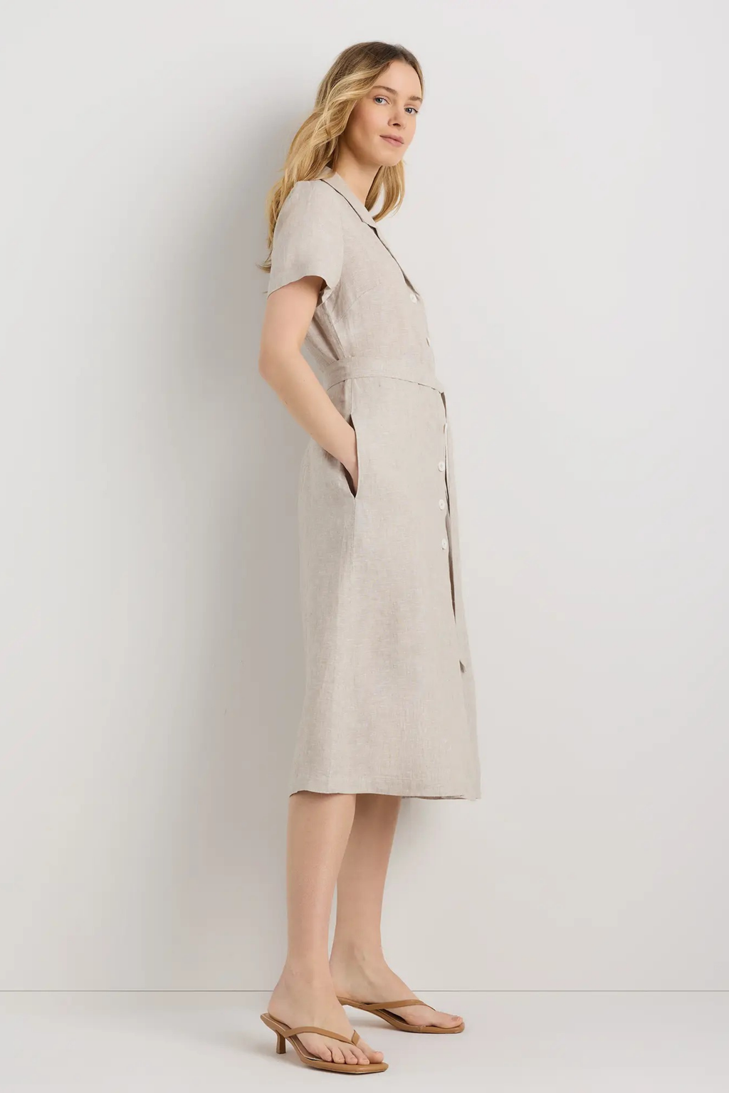 Linen Midi Dress Button Front Classic Style
