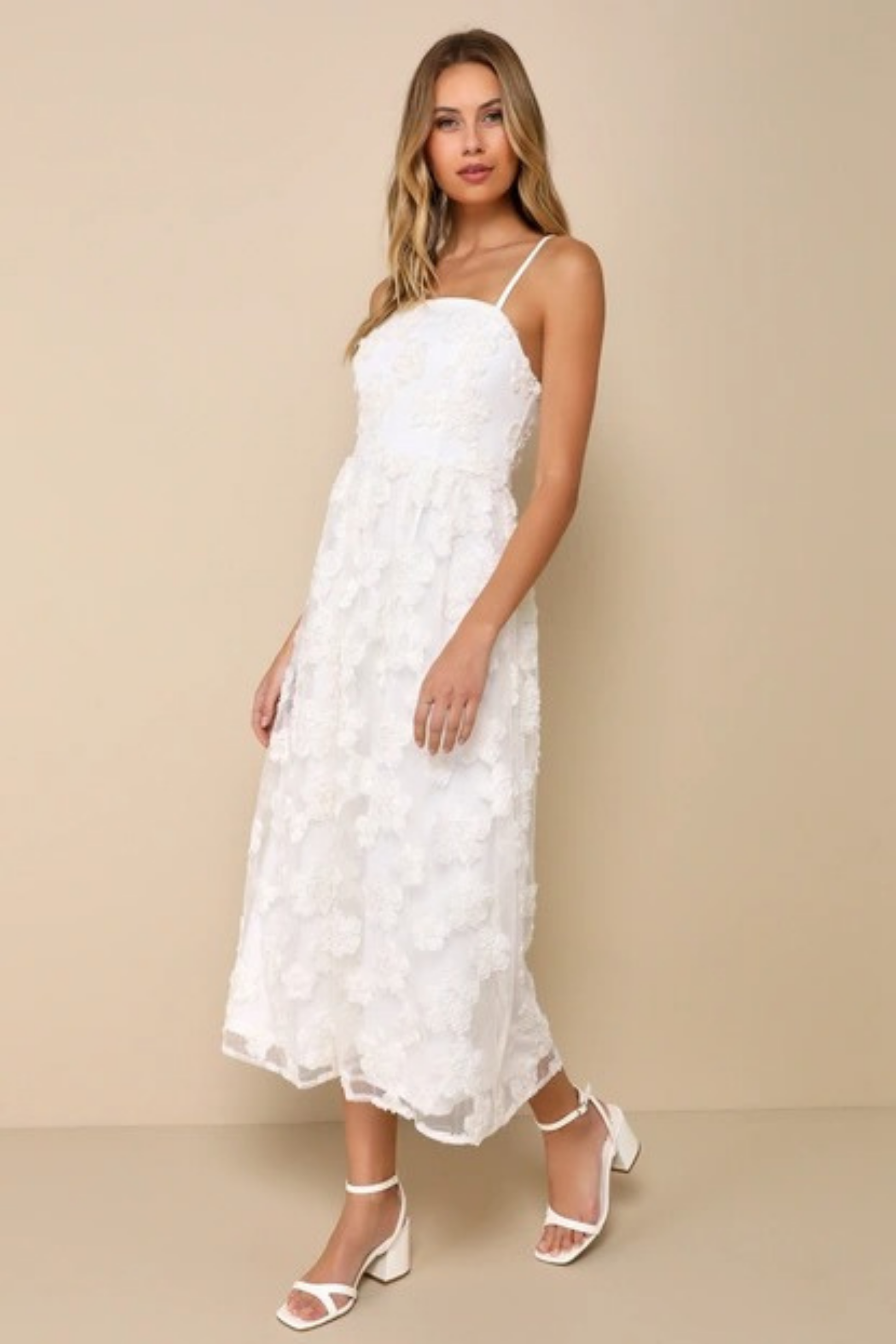 Elegant Midi Dress Spaghetti Strap Floral Lace Romantic Cocktail Style