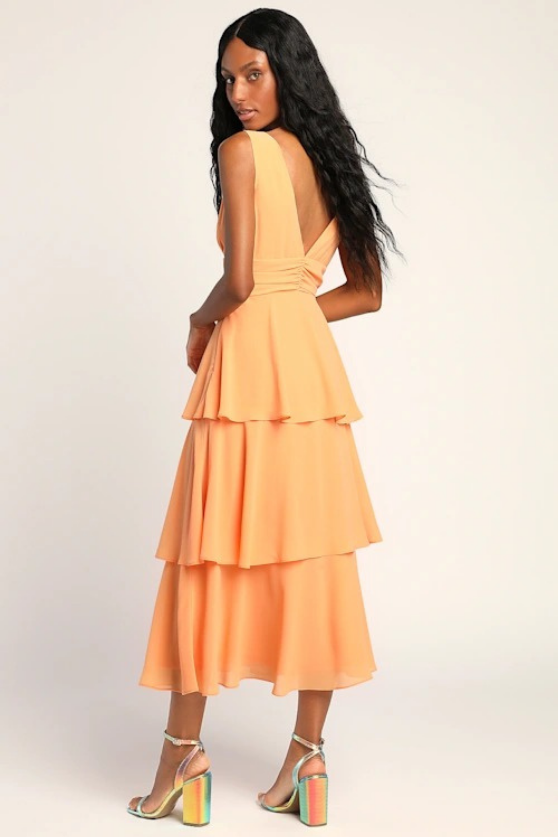Tiered Midi Cocktail Dress Deep V Neck Flowy Elegant Summer Style