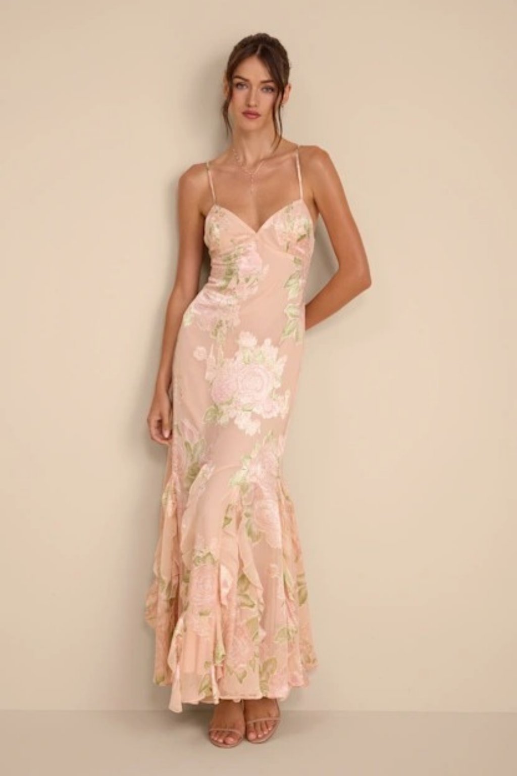 Floral Maxi Wedding Guest Dress Spaghetti Strap Elegant Flowing Style