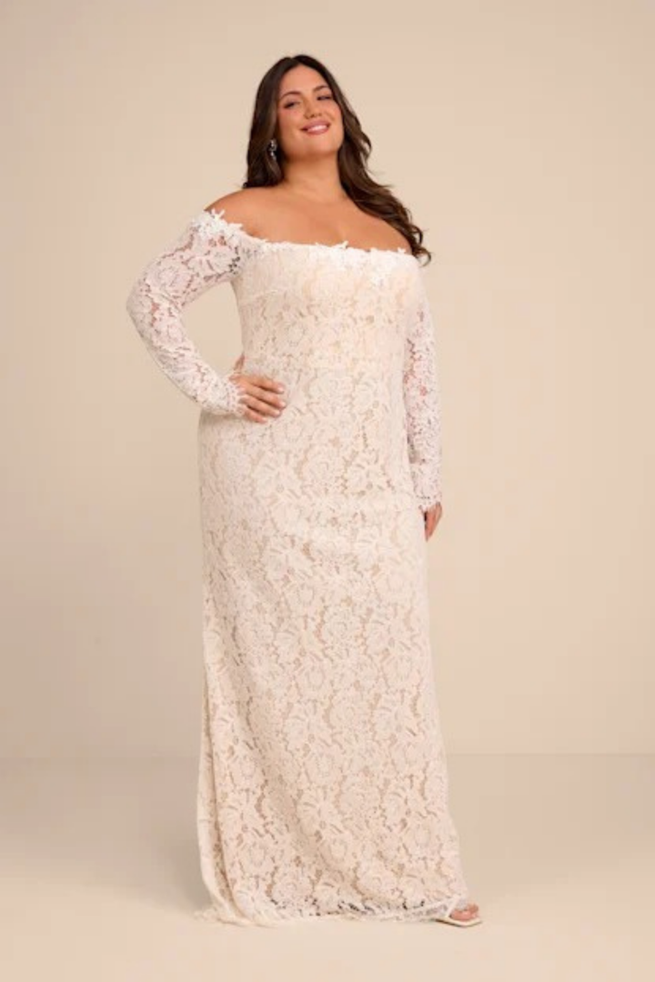 Lace Bridal Maxi Dress Off Shoulder Long Sleeve Elegant Wedding Style