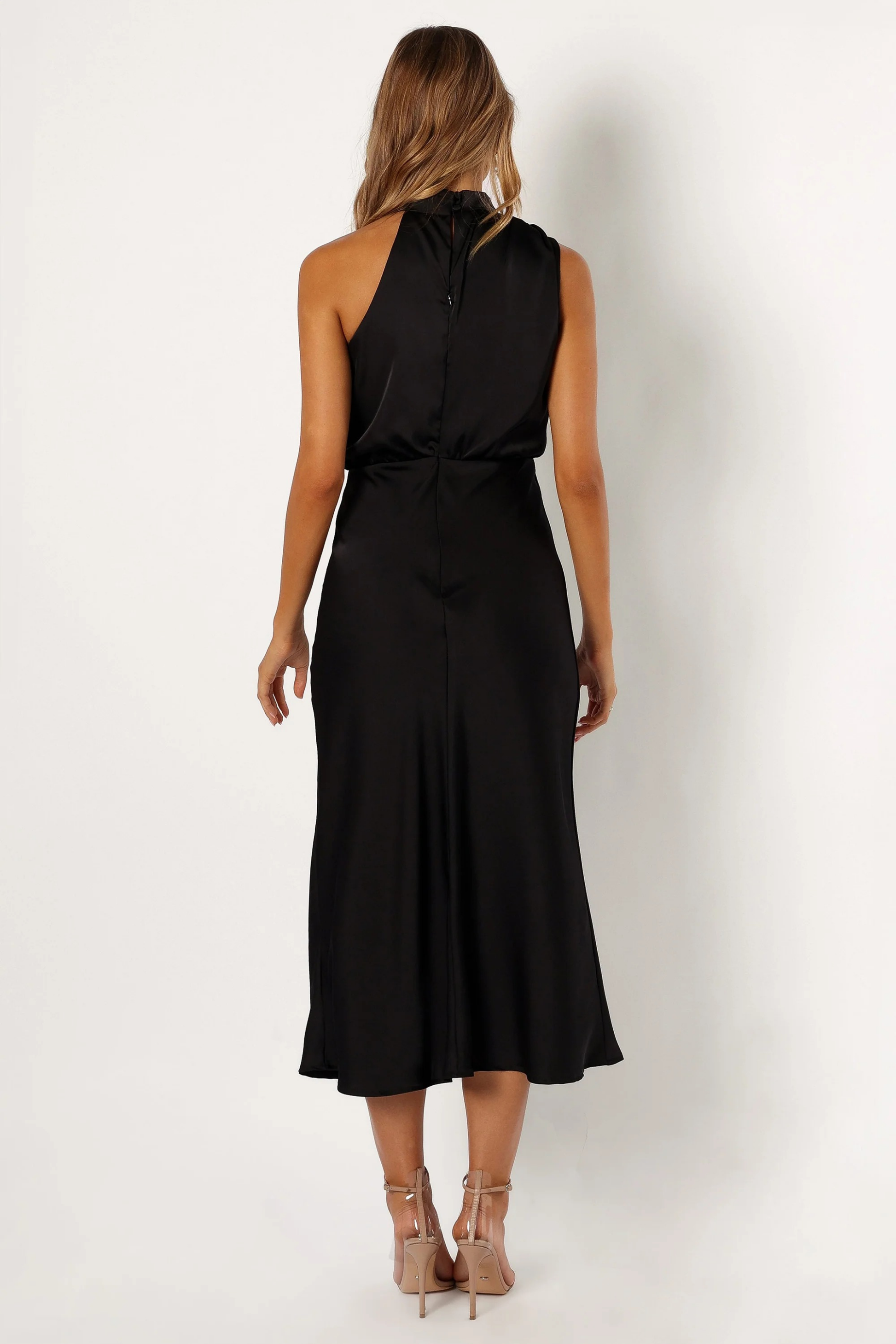 Elegant Midi Dress Halter Neck Satin Minimal Chic Cocktail Look
