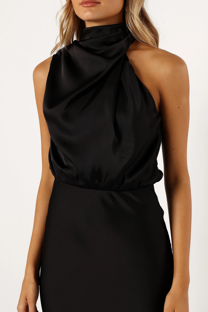 Elegant Midi Dress Halter Neck Satin Minimal Chic Cocktail Look