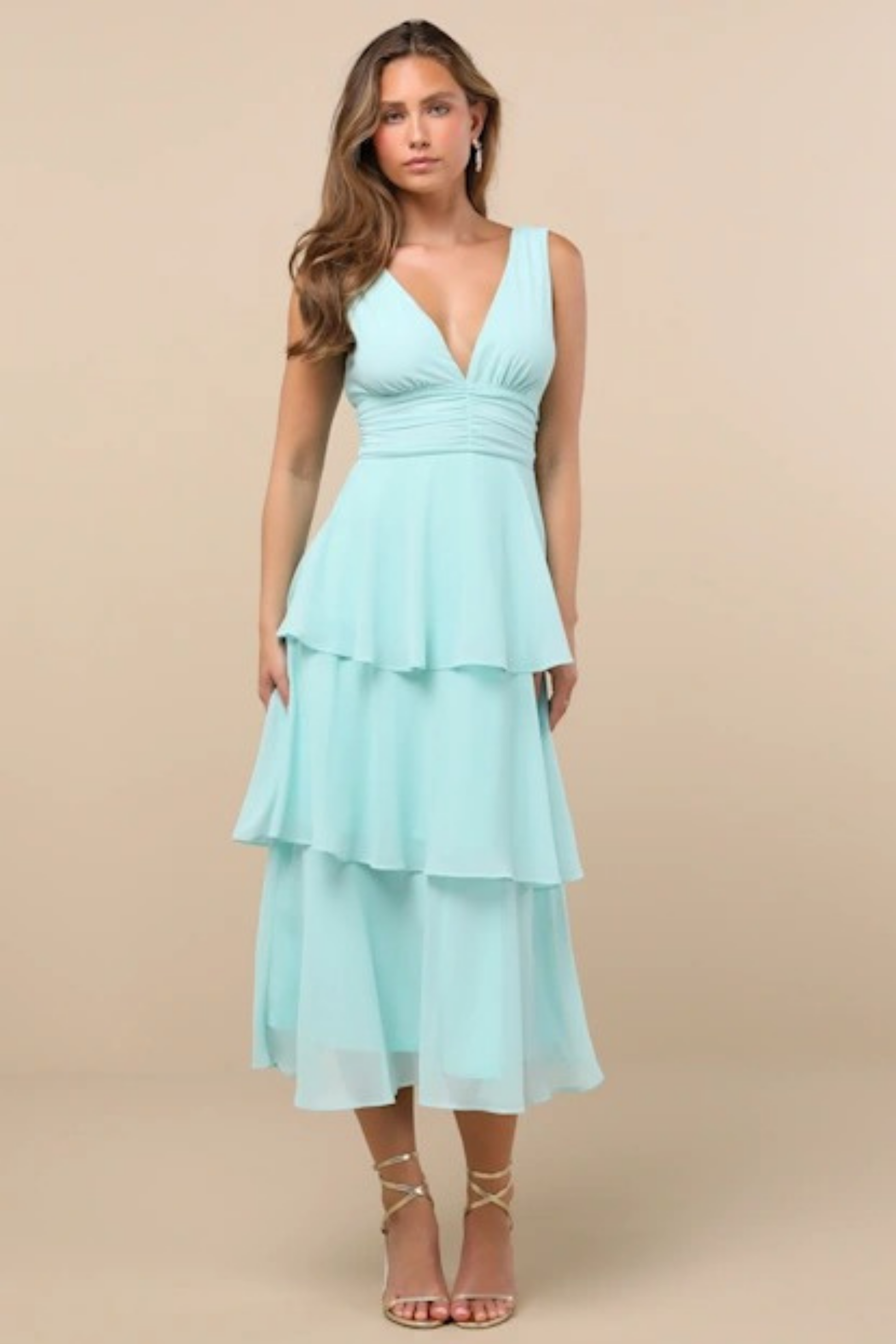 Tiered Midi Cocktail Dress Deep V Neck Flowy Elegant Summer Style