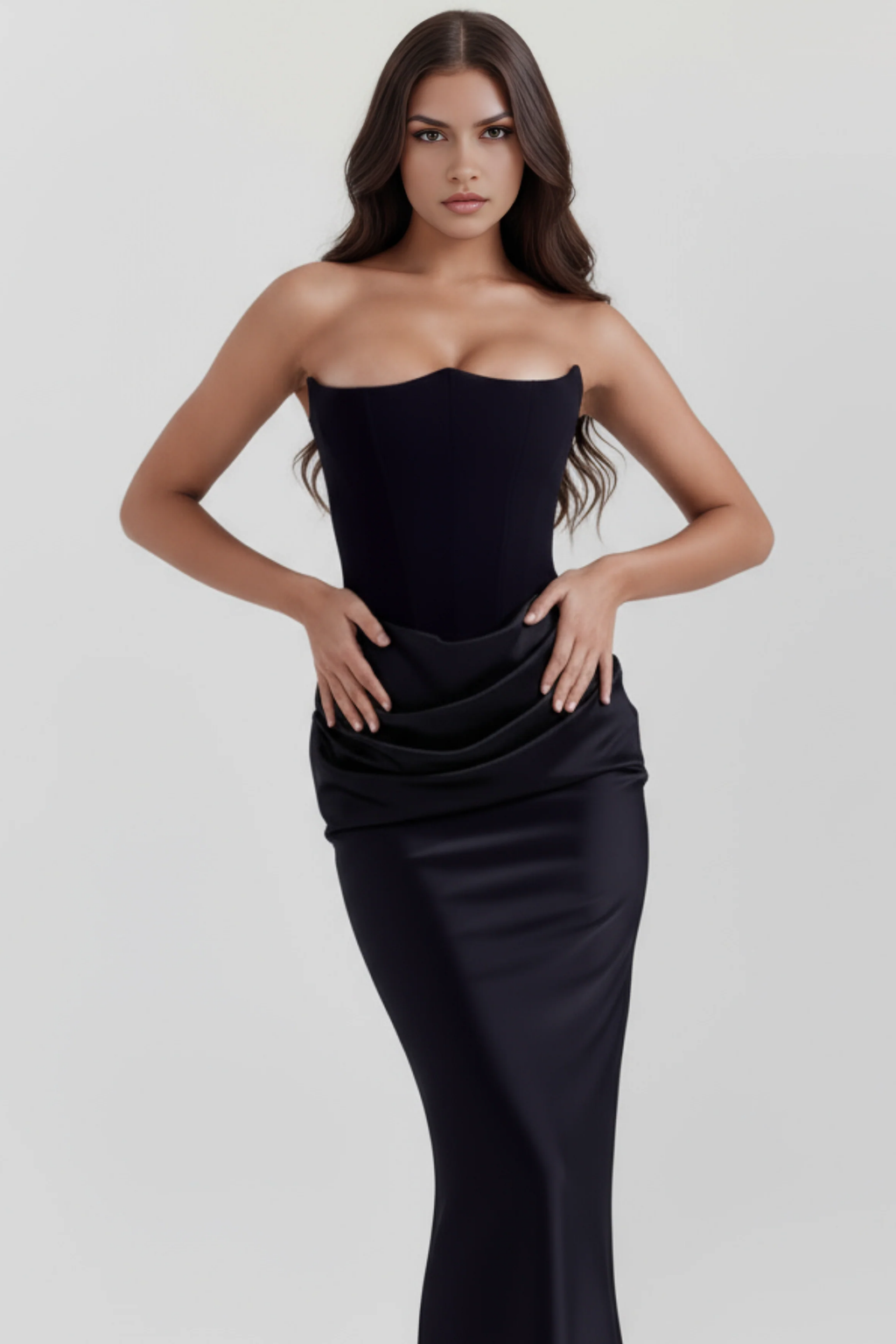 Elegant Strapless Maxi Dress Draped Waist Style