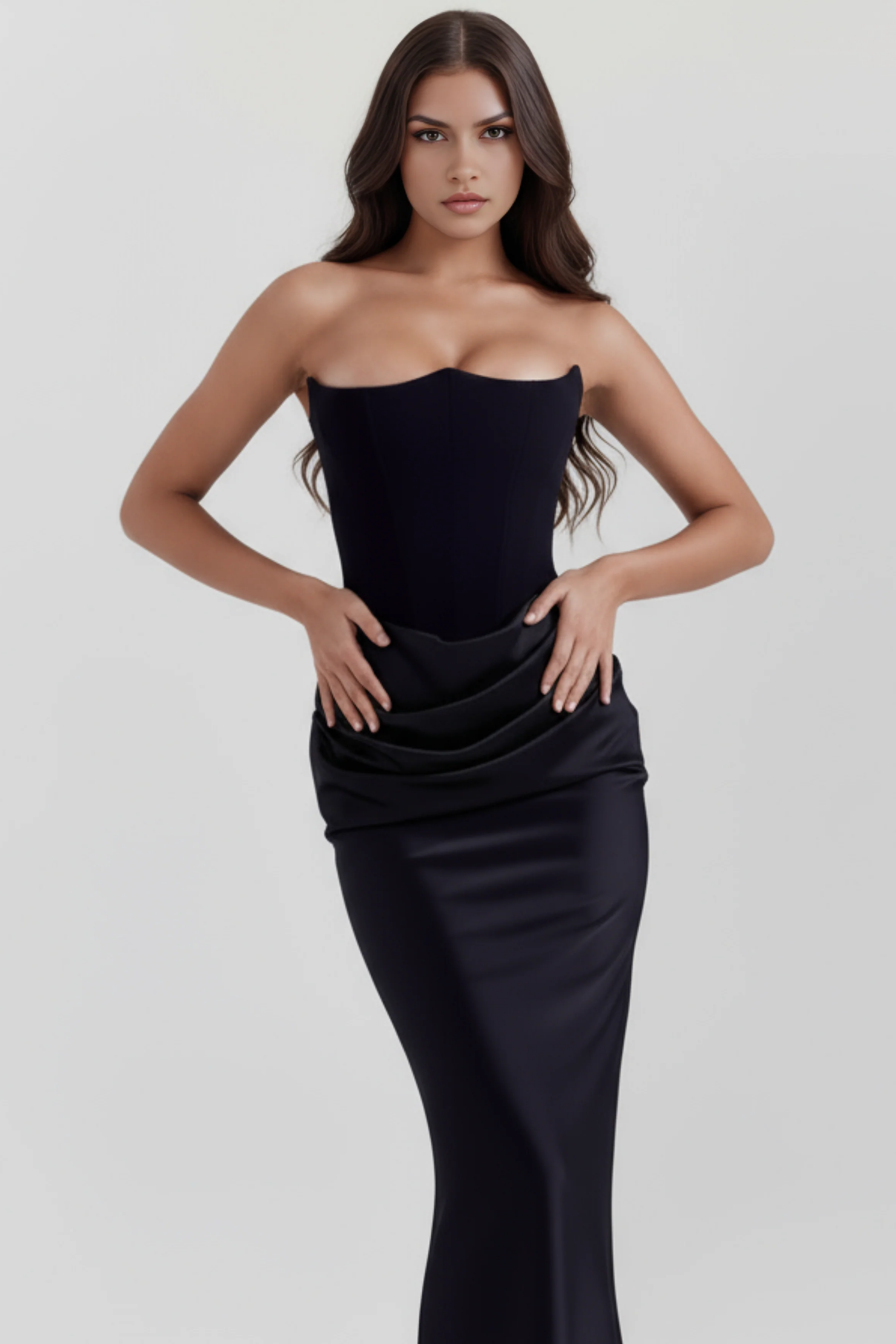 Elegant Strapless Maxi Dress Draped Waist Style