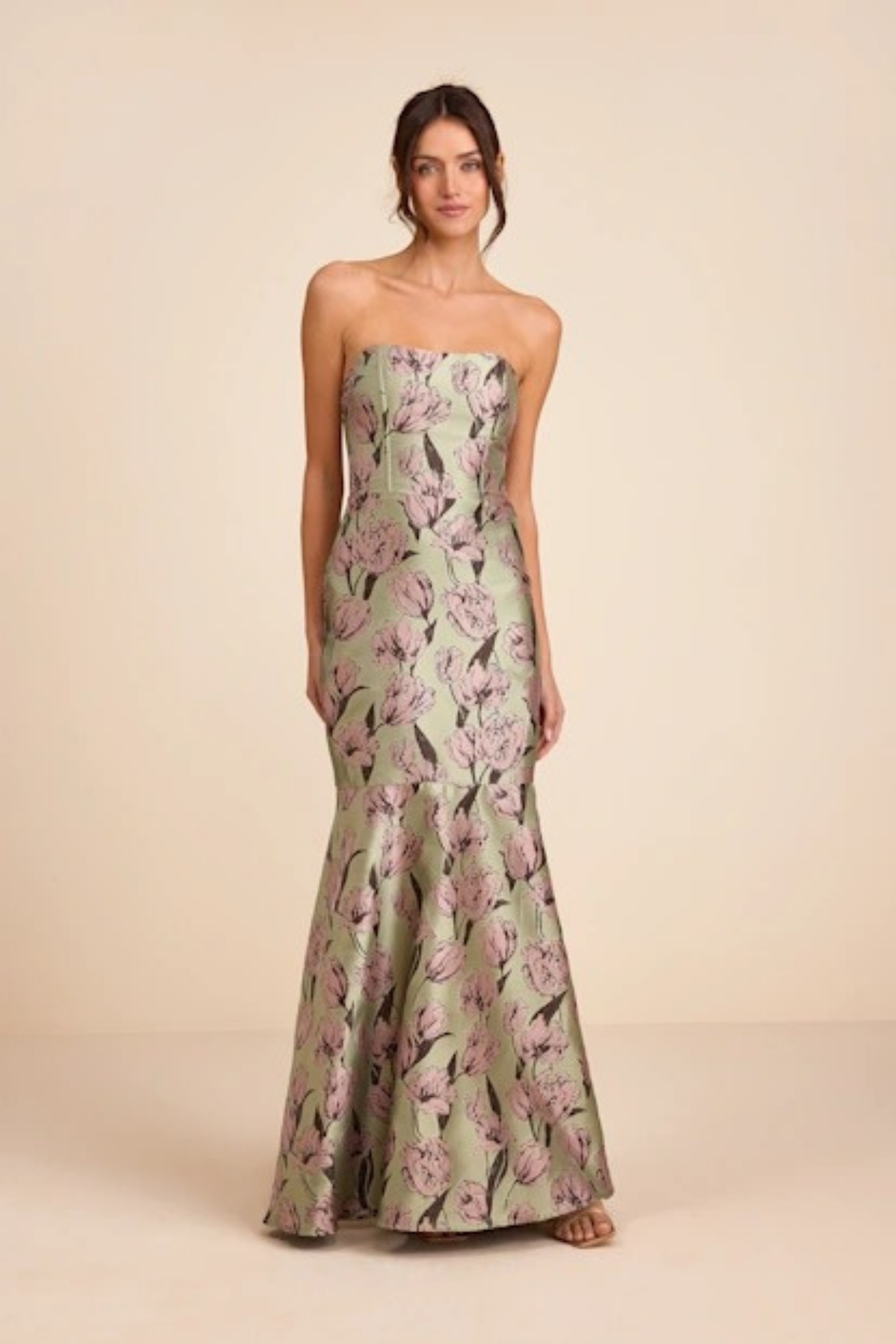 Strapless Floral Maxi Wedding Guest Dress Mermaid Fit Elegant Style